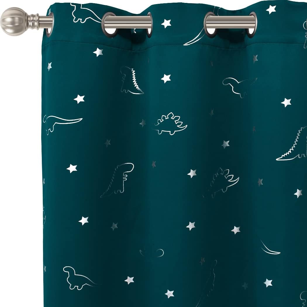 LORDTEX Dinosaur and Star Foil Print Blackout Curtains for Kids Room - Thermal Insulated Curtains Noise Reducing Window Drapes for Boys and Girls Bedroom, 42 x 84 Inch, Light Grey, Set of 2 Panels