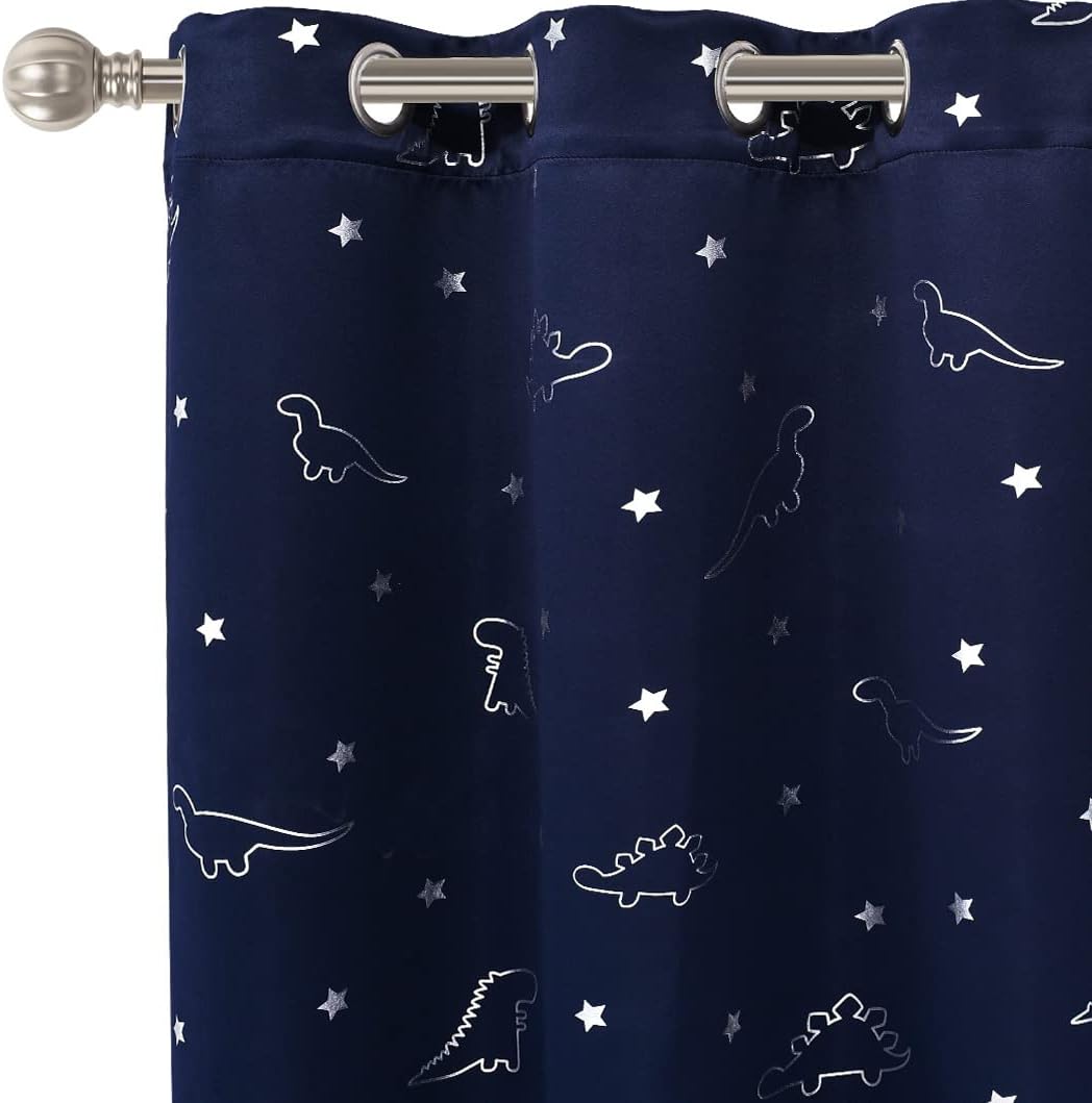 LORDTEX Dinosaur and Star Foil Print Blackout Curtains for Kids Room - Thermal Insulated Curtains Noise Reducing Window Drapes for Boys and Girls Bedroom, 42 x 84 Inch, Light Grey, Set of 2 Panels