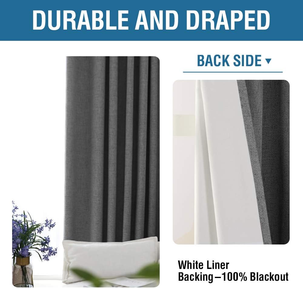 H.VERSAILTEX 100% Blackout Curtains for Bedroom 84 Inches Long Grommet Linen Face Full Light Blocking Curtain Drapes for Living Room Thermal Linen Look Curtains 2 Panels Set, 52" W x 84" L, Grey