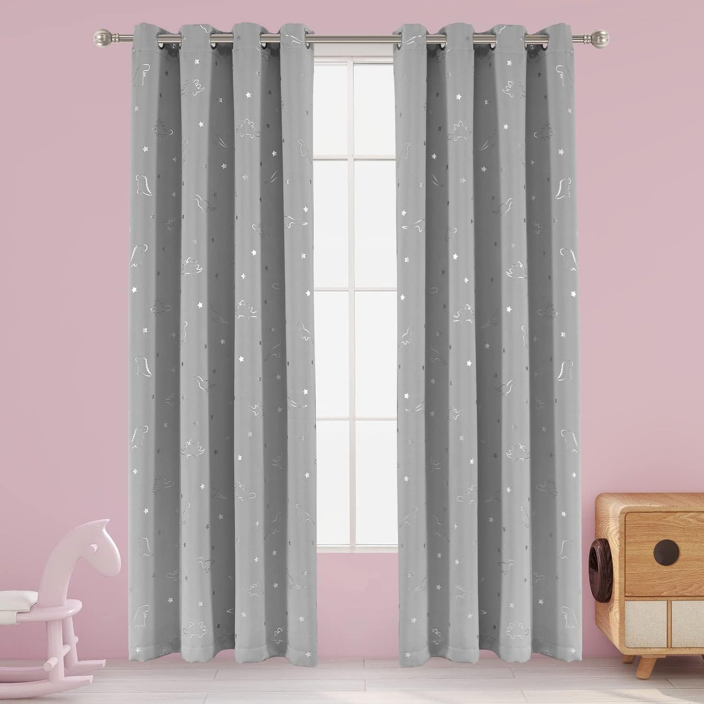 LORDTEX Dinosaur and Star Foil Print Blackout Curtains for Kids Room - Thermal Insulated Curtains Noise Reducing Window Drapes for Boys and Girls Bedroom, 42 x 84 Inch, Light Grey, Set of 2 Panels