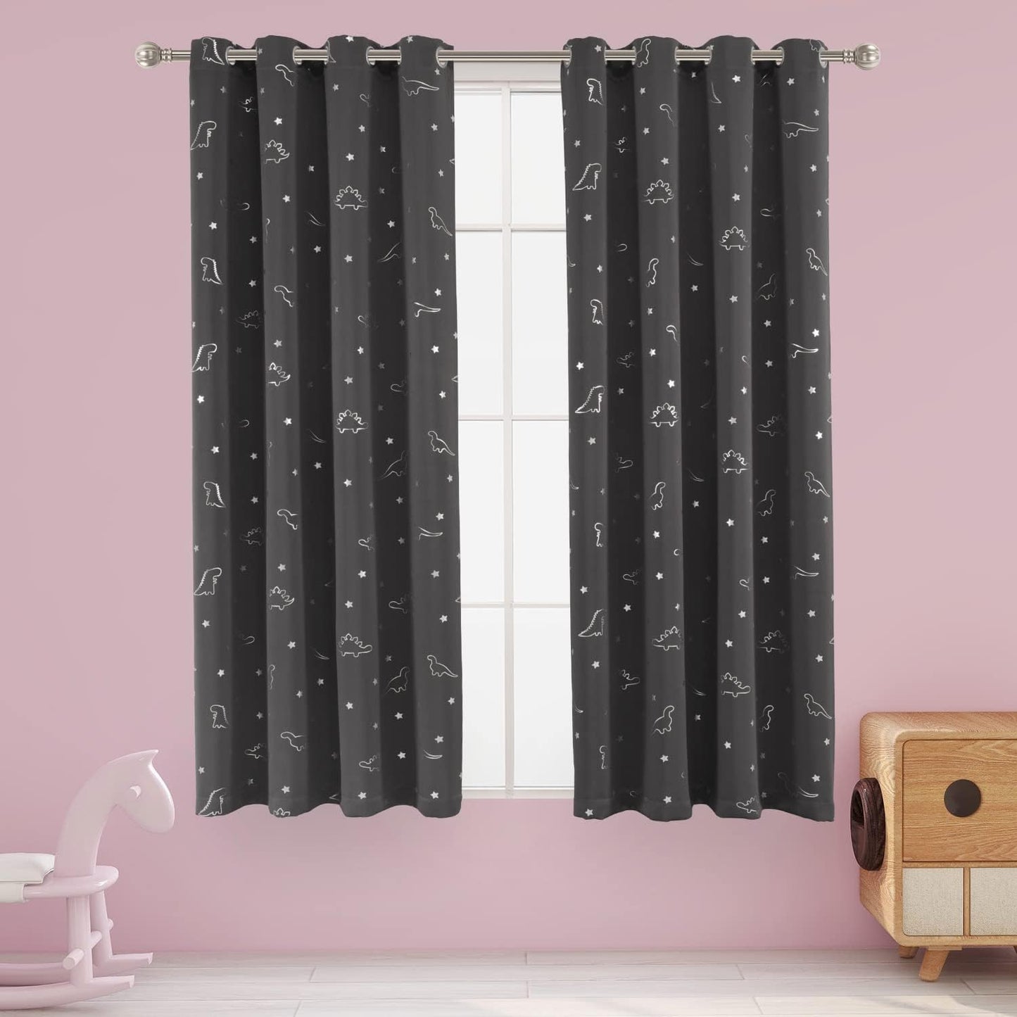 LORDTEX Dinosaur and Star Foil Print Blackout Curtains for Kids Room - Thermal Insulated Curtains Noise Reducing Window Drapes for Boys and Girls Bedroom, 42 x 84 Inch, Light Grey, Set of 2 Panels