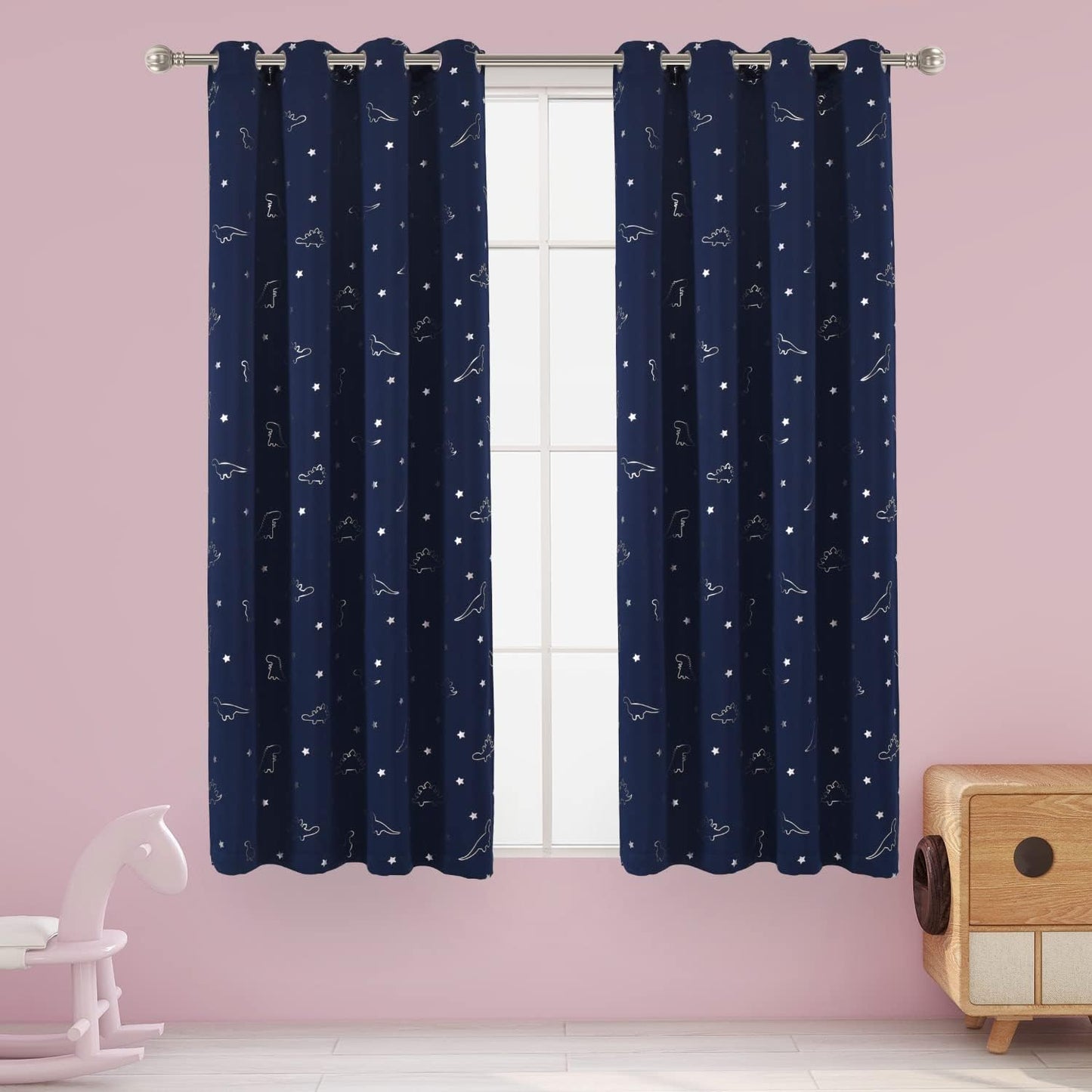 LORDTEX Dinosaur and Star Foil Print Blackout Curtains for Kids Room - Thermal Insulated Curtains Noise Reducing Window Drapes for Boys and Girls Bedroom, 42 x 84 Inch, Light Grey, Set of 2 Panels