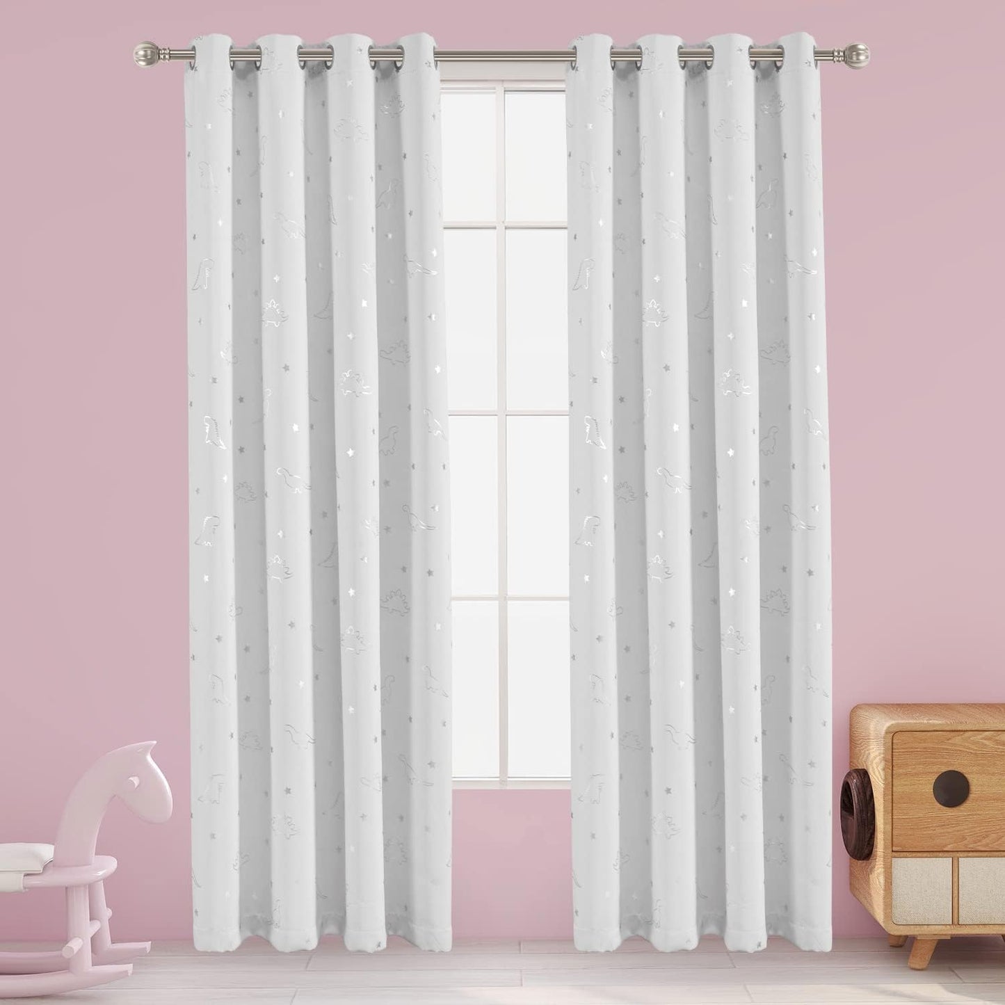 LORDTEX Dinosaur and Star Foil Print Blackout Curtains for Kids Room - Thermal Insulated Curtains Noise Reducing Window Drapes for Boys and Girls Bedroom, 42 x 84 Inch, Light Grey, Set of 2 Panels