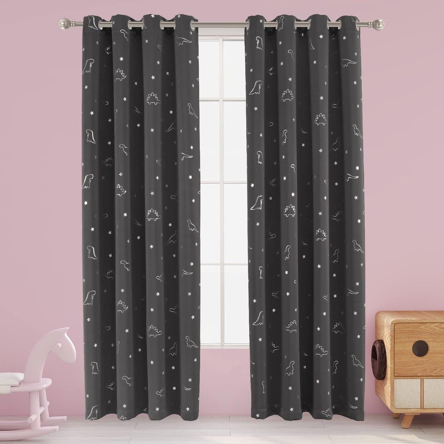 LORDTEX Dinosaur and Star Foil Print Blackout Curtains for Kids Room - Thermal Insulated Curtains Noise Reducing Window Drapes for Boys and Girls Bedroom, 42 x 84 Inch, Light Grey, Set of 2 Panels