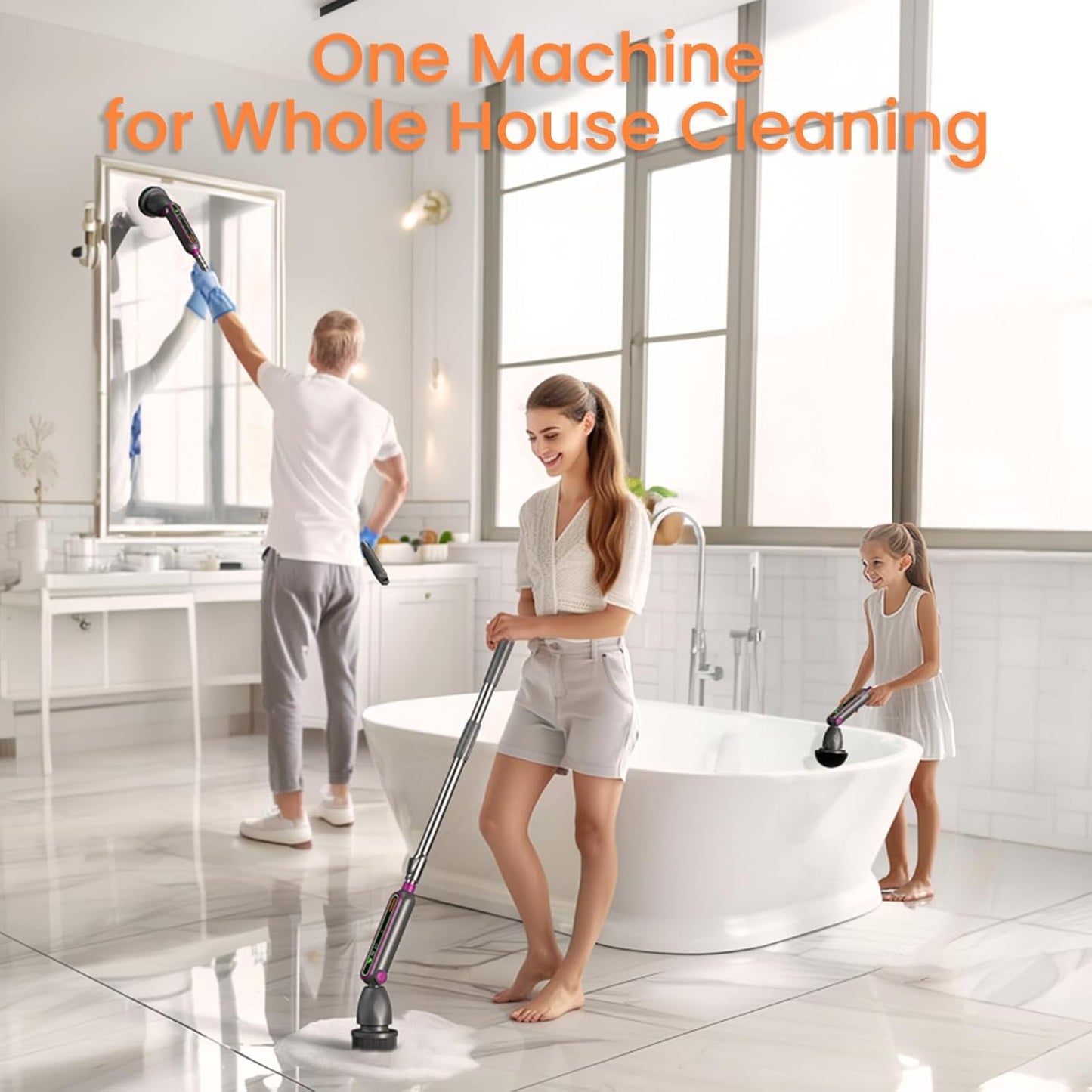 Electric Spin Scrubber 16 in 1 Cleaning Brush with Adjustable Angles & Heads, Bathroom Power Scrubber with Extendable Handle, Interactive LED, Cleaning Supplies for Toilet,Kitchen,Shower-Grey