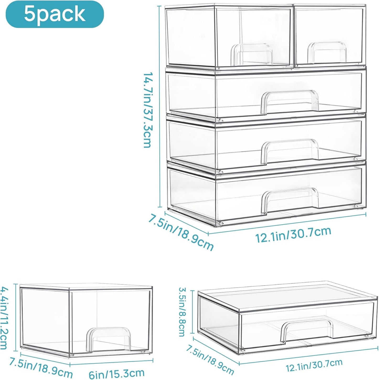 Vtopmart Stackable Storage Drawers Set of 5, Clear Plastic Organizer Bins for Bathroom Supplies,Ideal for Cabinet,Pantry,Laundry Room Organization(2 Small+3 Wide)