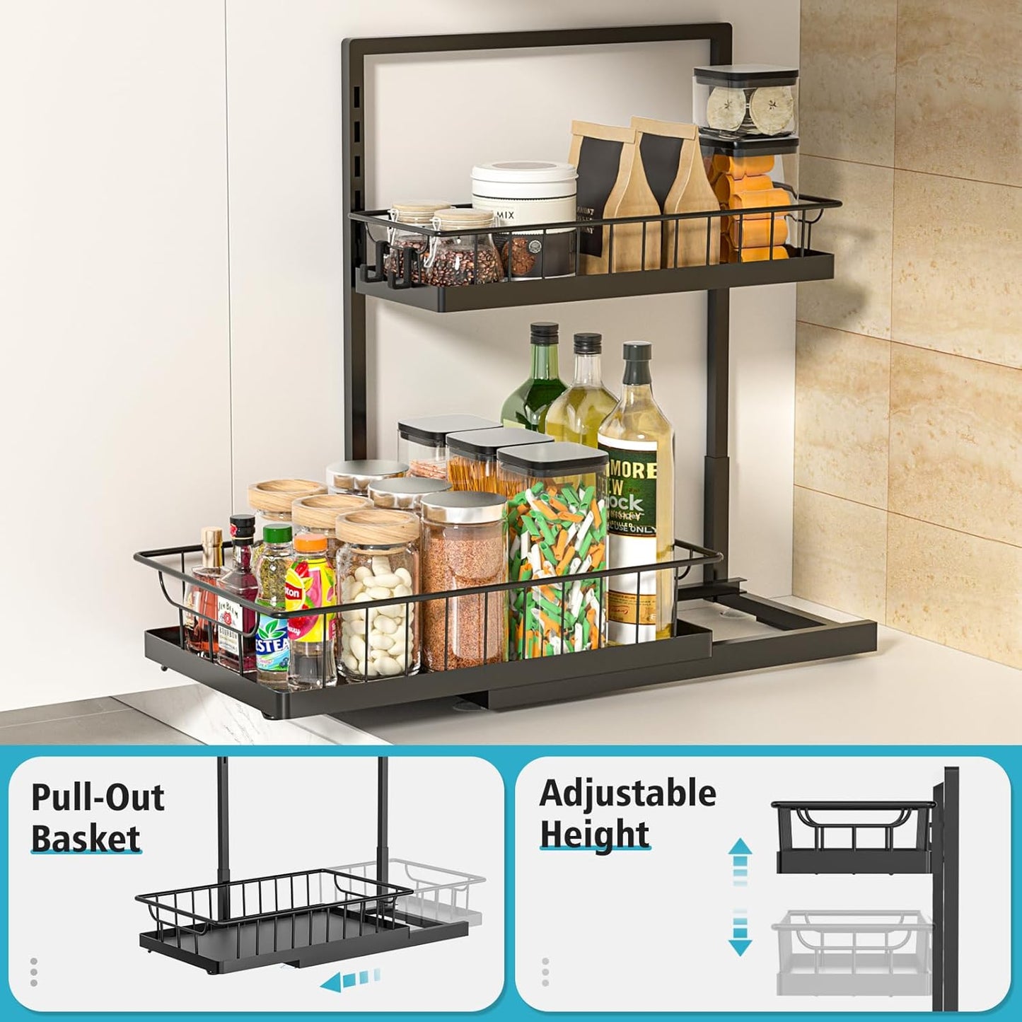 WOWBOX 2 Pack Under Sink Organizer 2 Tier Slide Out Cabinet Organizer Under Sink Organizers and Storage for Kitchen Bathroom Pantry