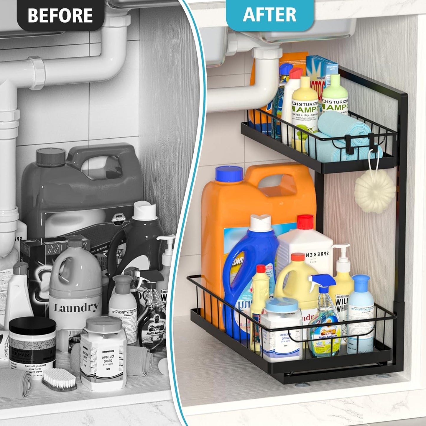 WOWBOX 2 Pack Under Sink Organizer 2 Tier Slide Out Cabinet Organizer Under Sink Organizers and Storage for Kitchen Bathroom Pantry