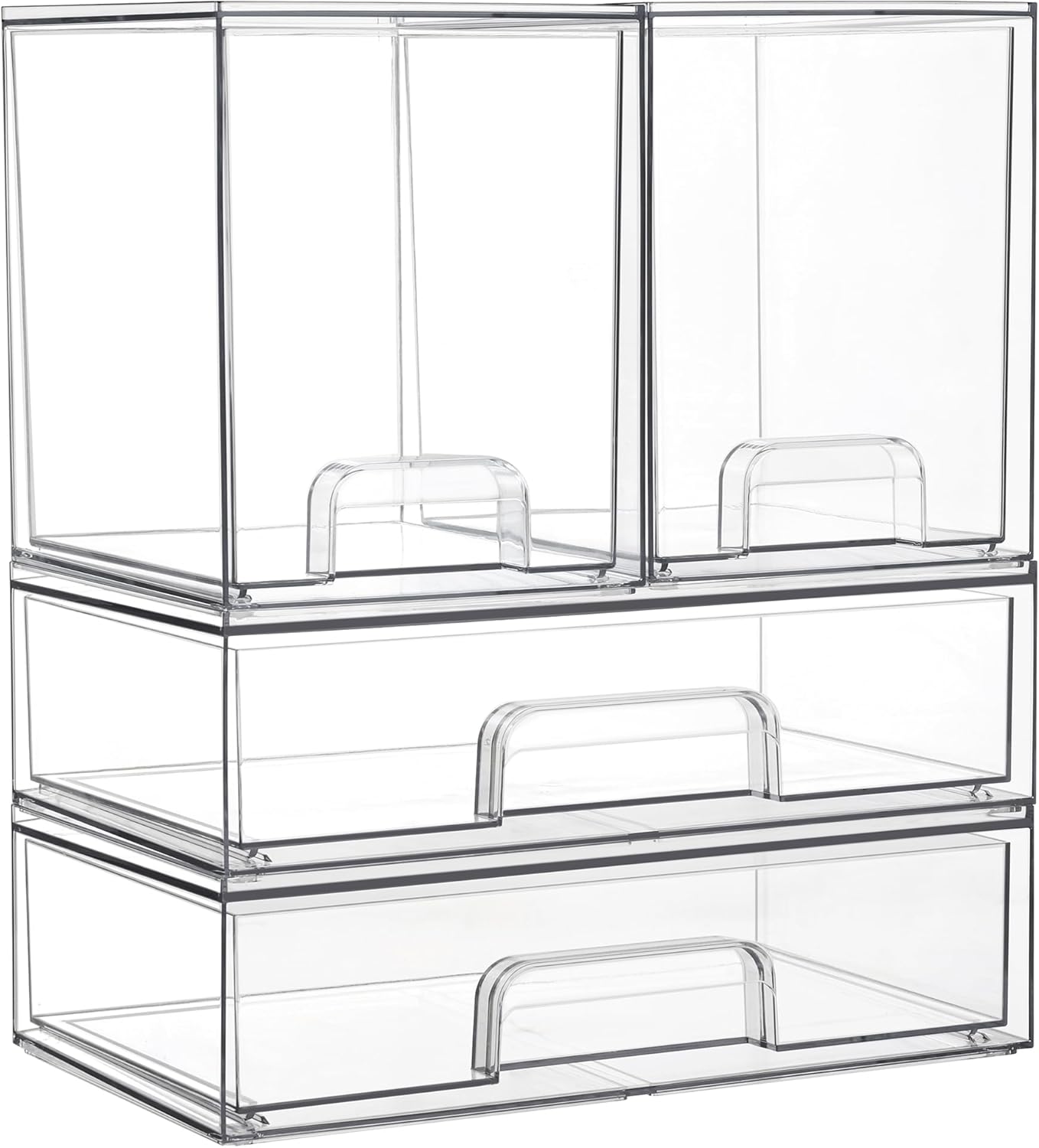 Vtopmart Stackable Storage Drawers Set of 5, Clear Plastic Organizer Bins for Bathroom Supplies,Ideal for Cabinet,Pantry,Laundry Room Organization(2 Small+3 Wide)