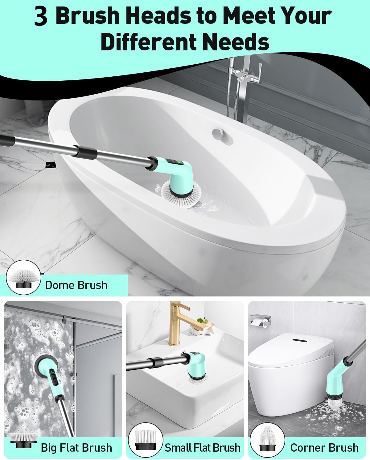 Electric Spin Scrubber for Cleaning Bathroom, Shower Scrubber Cordless Cleaning Brush with IPX7 Waterproof & 2 Speed, 3 Brush Heads, Bathroom Cleaning Supplies for Toilet Shower Tub Mint Green