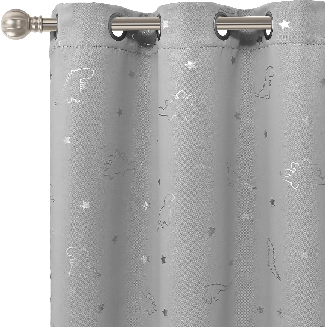 LORDTEX Dinosaur and Star Foil Print Blackout Curtains for Kids Room - Thermal Insulated Curtains Noise Reducing Window Drapes for Boys and Girls Bedroom, 42 x 84 Inch, Light Grey, Set of 2 Panels