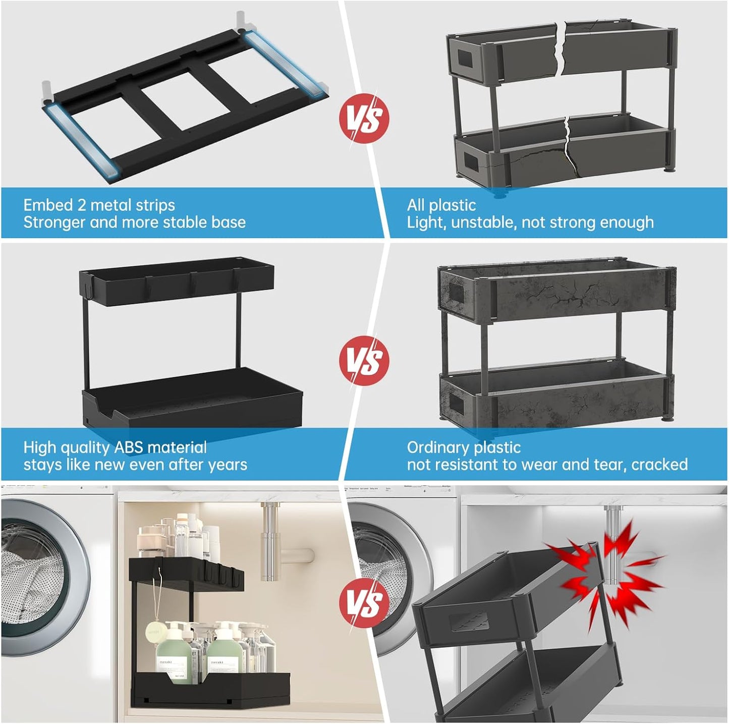 2-Tier Under Sink Organizers 2 Pack Sliding L-shape Cabinet Organizers Narrow Space Storage Shelves Multi-purpose Sink Organizer Baskets with 4 Hook for Kitchen Bathroom Drawer, Black