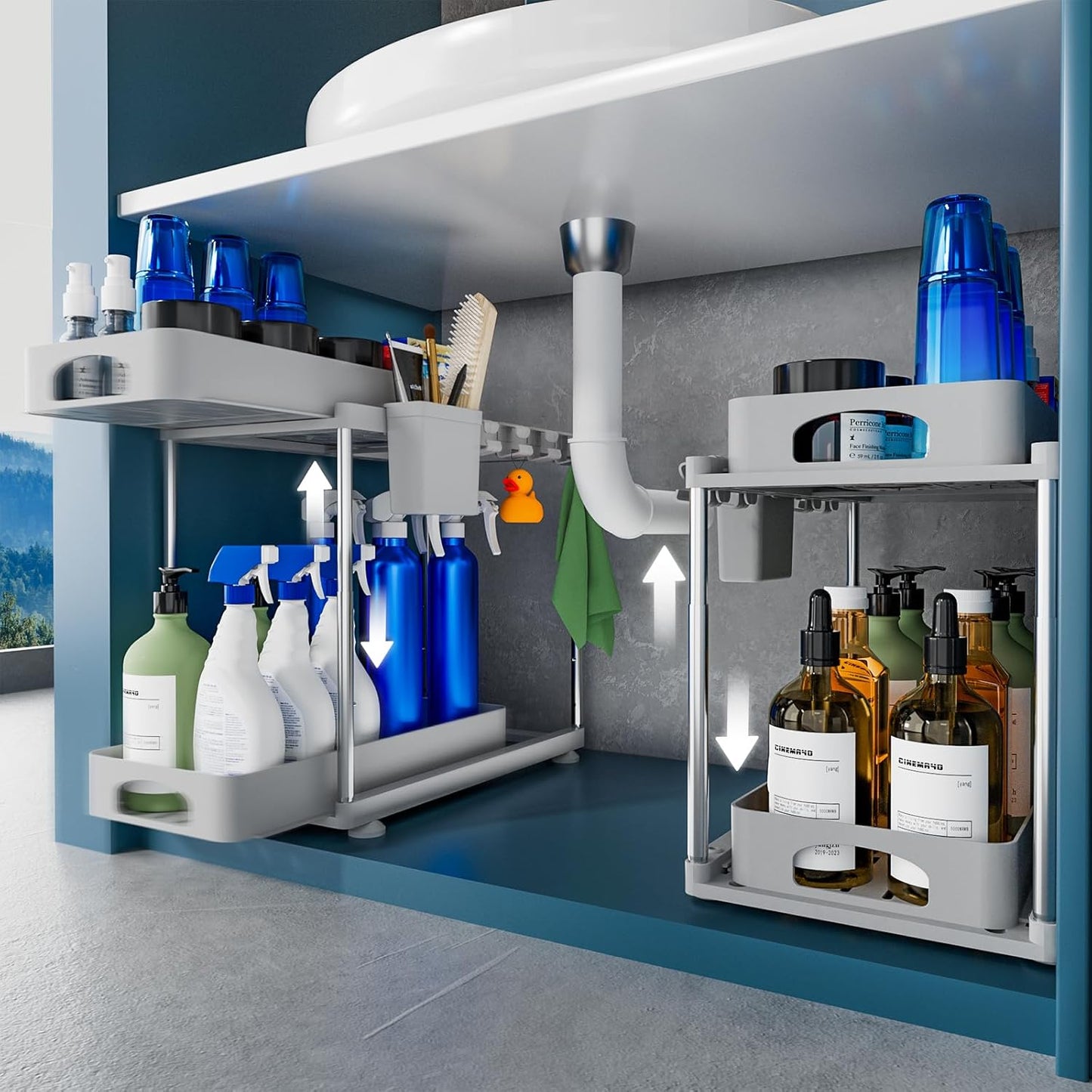 2 Pack Under Sink Organizers and Storage, Double Sliding Kitchen Cabinet Organizer, 2 Tier Height Adjustable Countertop Organizer for Kitchen Bathroom Laundry, White