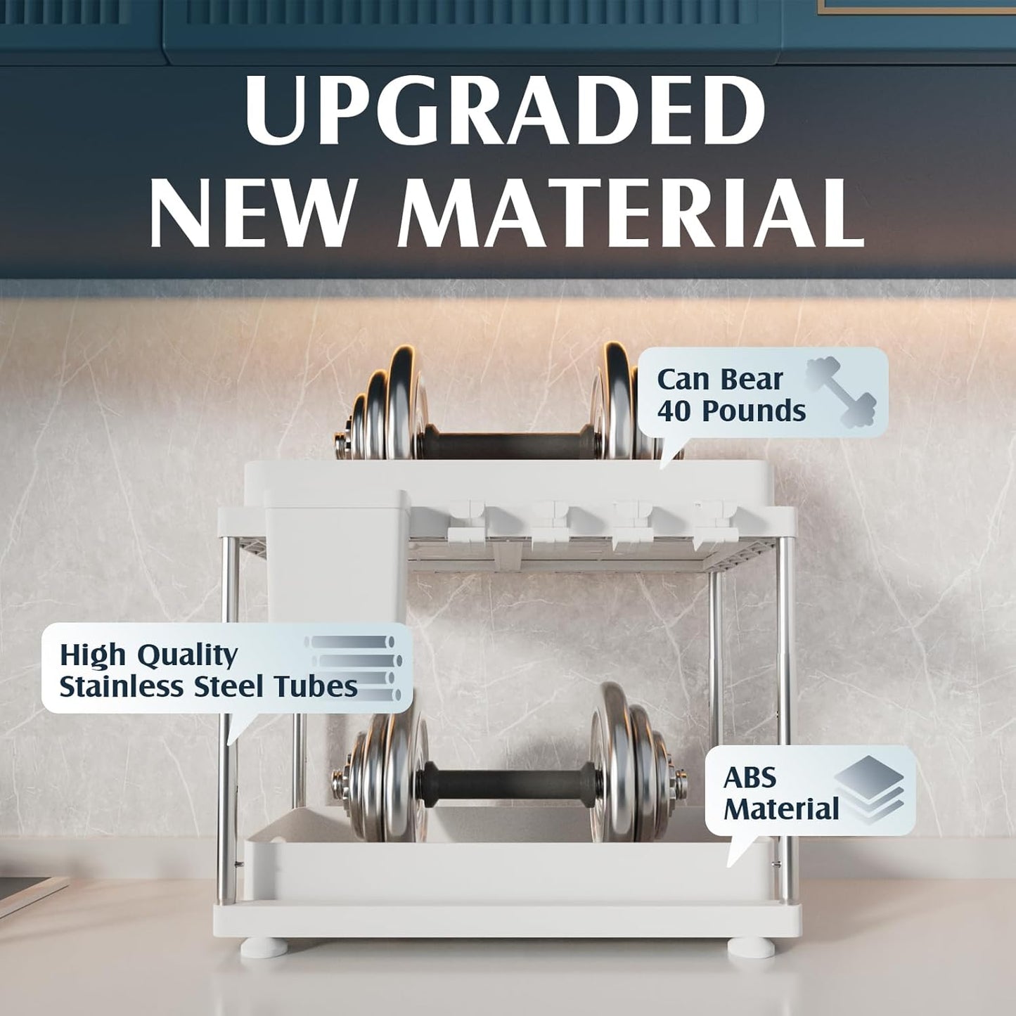 2 Pack Under Sink Organizers and Storage, Double Sliding Kitchen Cabinet Organizer, 2 Tier Height Adjustable Countertop Organizer for Kitchen Bathroom Laundry, White