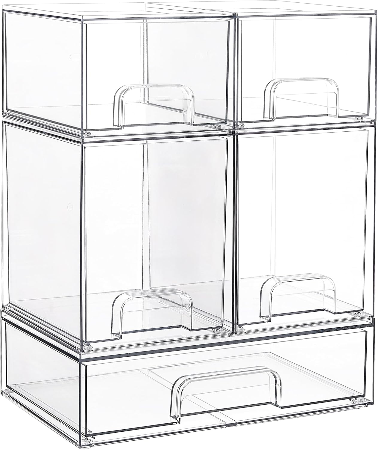 Vtopmart Stackable Storage Drawers Set of 5, Clear Plastic Organizer Bins for Bathroom Supplies,Ideal for Cabinet,Pantry,Laundry Room Organization(2 Small+3 Wide)