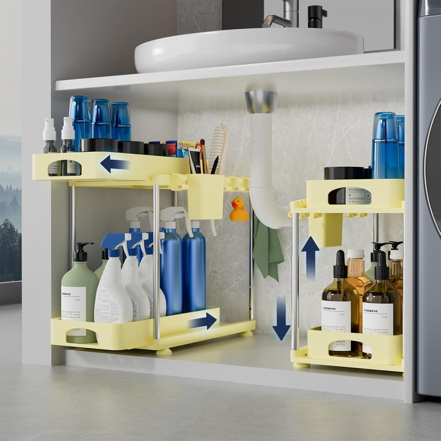 2 Pack Under Sink Organizers and Storage, Double Sliding Kitchen Cabinet Organizer, 2 Tier Height Adjustable Countertop Organizer for Kitchen Bathroom Laundry, White