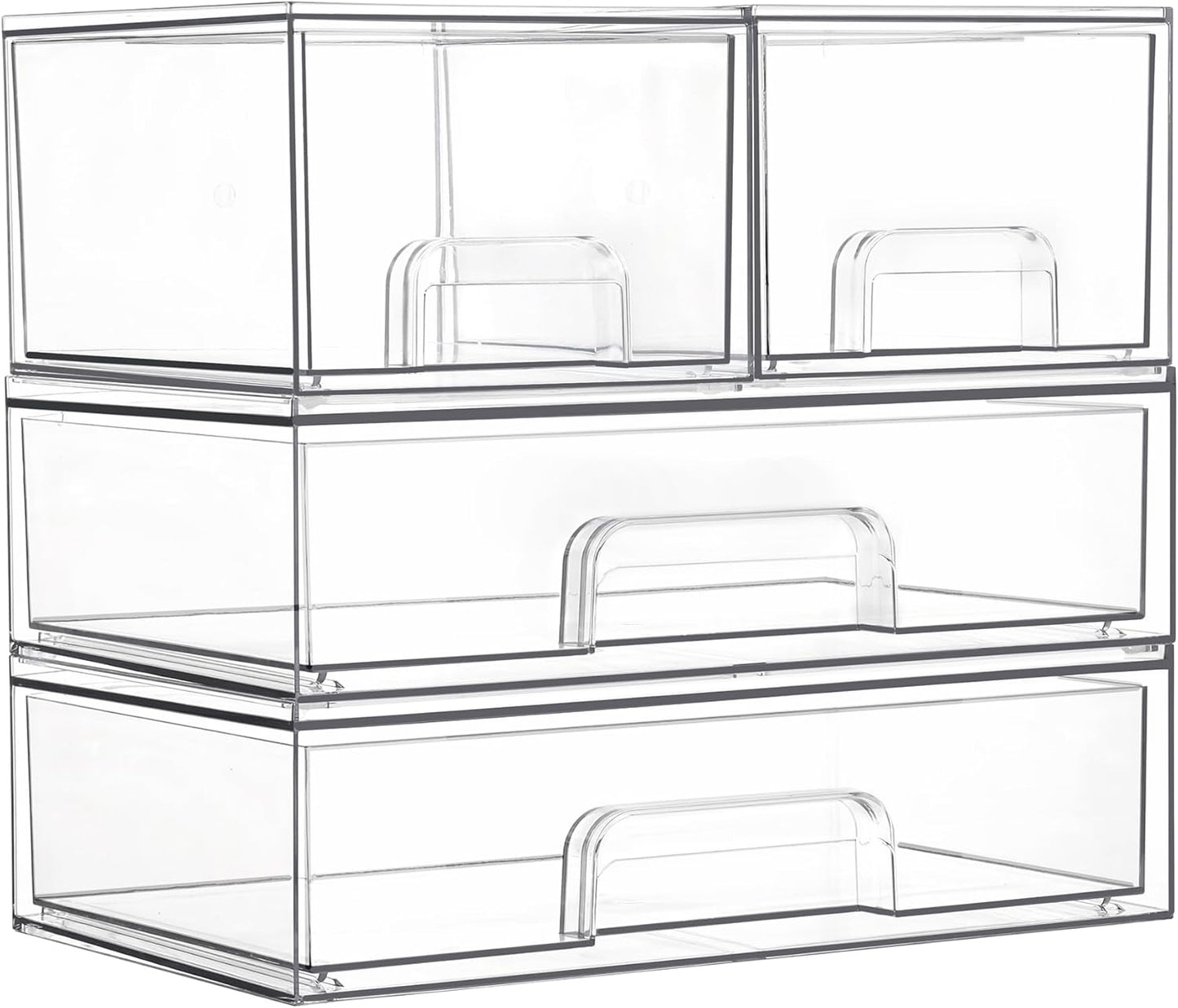 Vtopmart Stackable Storage Drawers Set of 5, Clear Plastic Organizer Bins for Bathroom Supplies,Ideal for Cabinet,Pantry,Laundry Room Organization(2 Small+3 Wide)