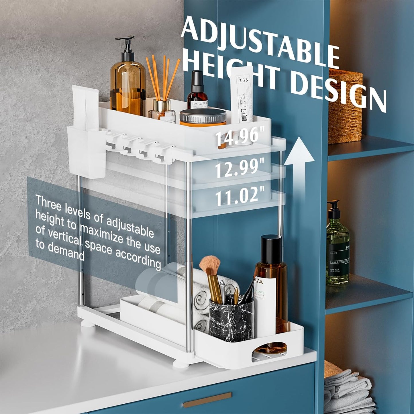 2 Pack Under Sink Organizers and Storage, Double Sliding Kitchen Cabinet Organizer, 2 Tier Height Adjustable Countertop Organizer for Kitchen Bathroom Laundry, White