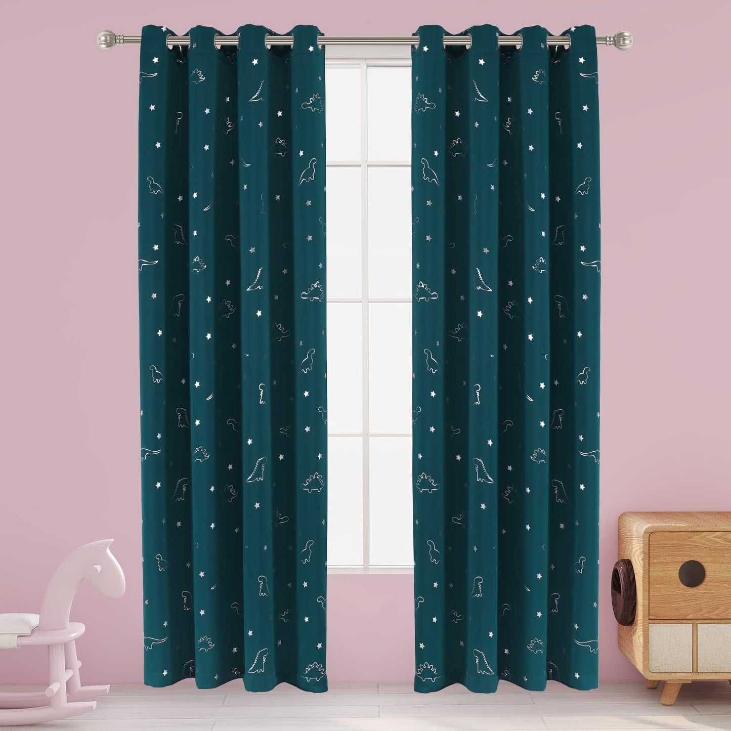 LORDTEX Dinosaur and Star Foil Print Blackout Curtains for Kids Room - Thermal Insulated Curtains Noise Reducing Window Drapes for Boys and Girls Bedroom, 42 x 84 Inch, Light Grey, Set of 2 Panels