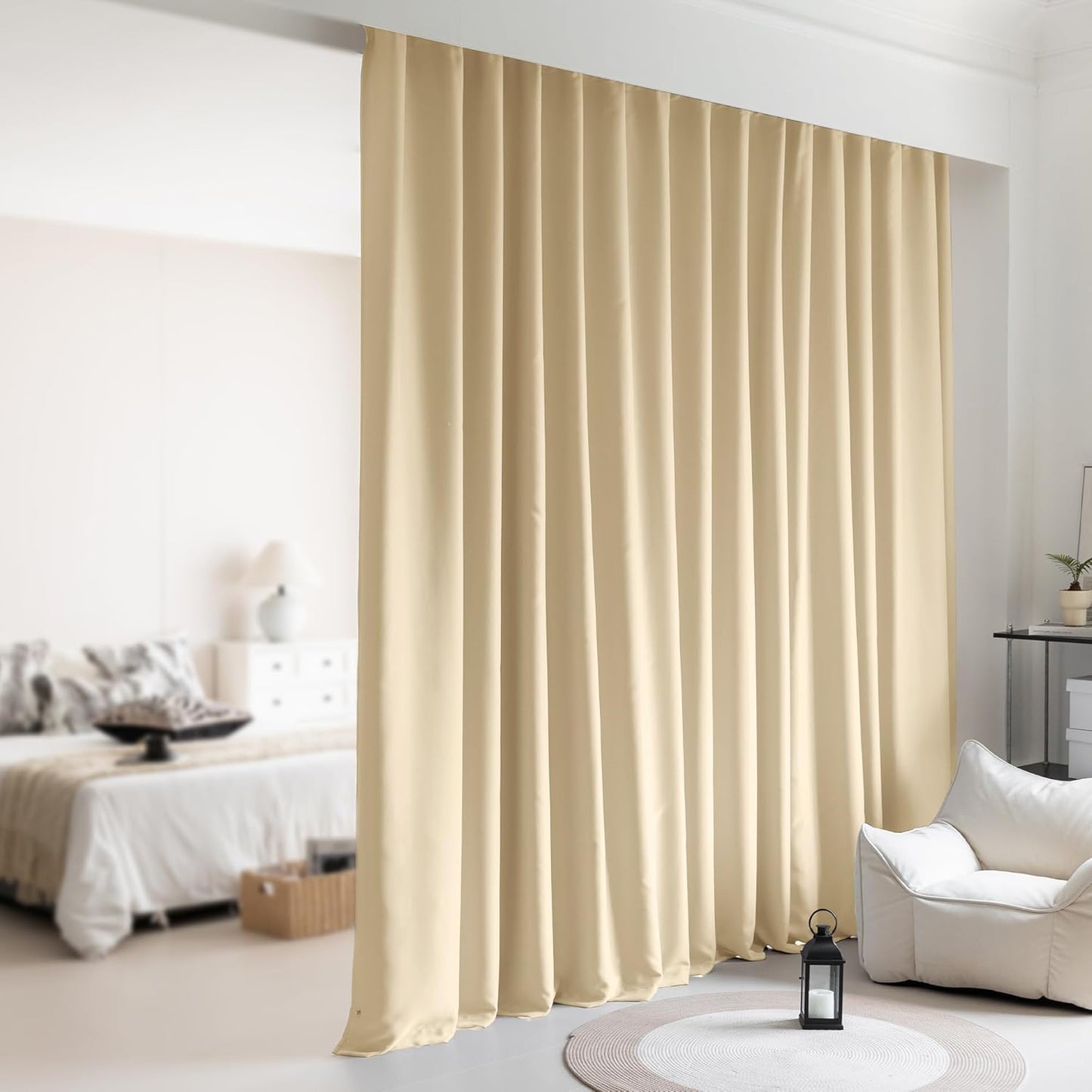 Room Divider Curtains,Back Tab Blackout Ceiling Track Curtains with Hook, Extra Wide Theater Curtains for Living Room and Bedroom (1Panel, Beige, W8.3ft x H7ft)