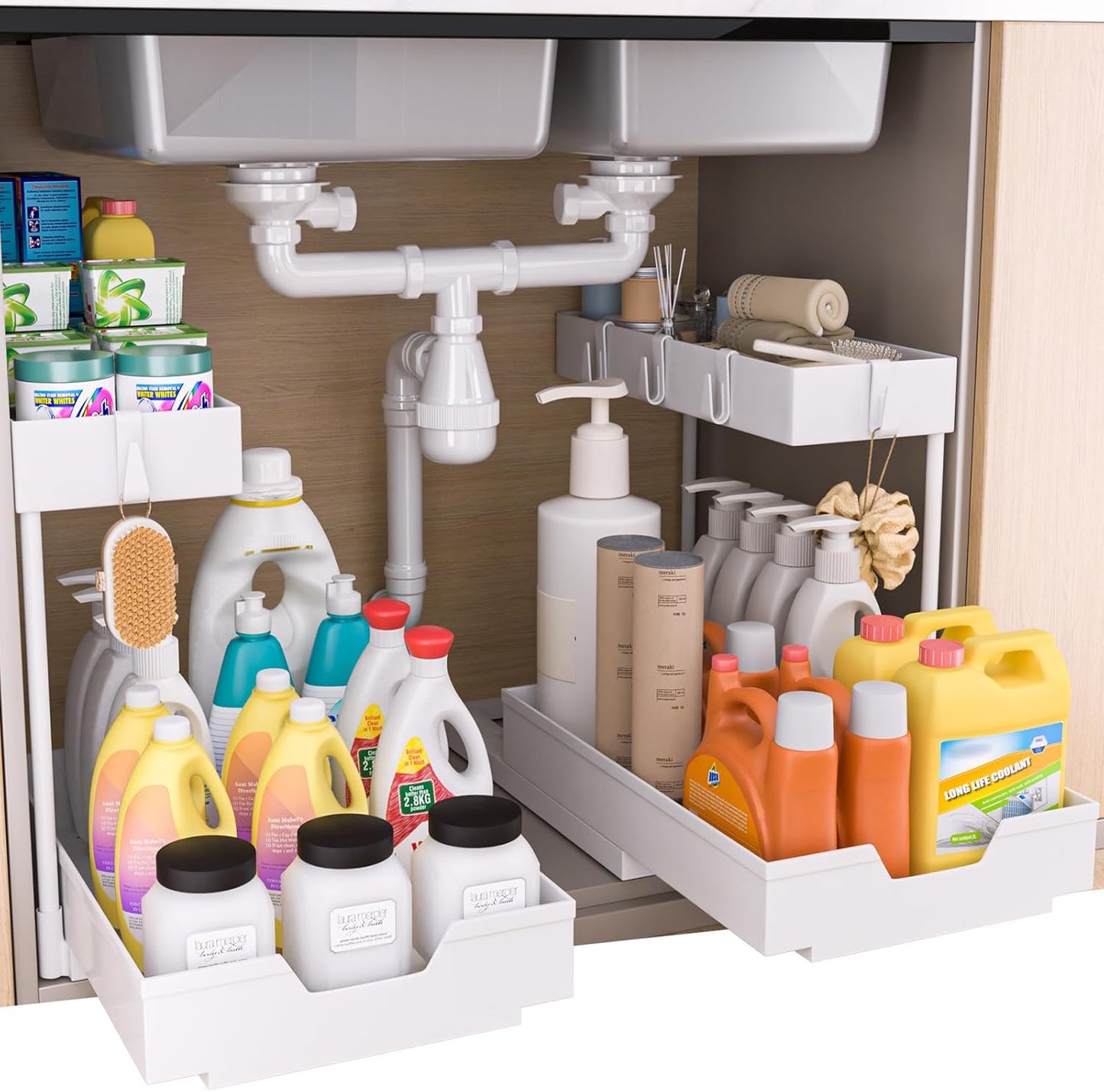 2-Tier Under Sink Organizers 2 Pack Sliding L-shape Cabinet Organizers Narrow Space Storage Shelves Multi-purpose Sink Organizer Baskets with 4 Hook for Kitchen Bathroom Drawer, Black