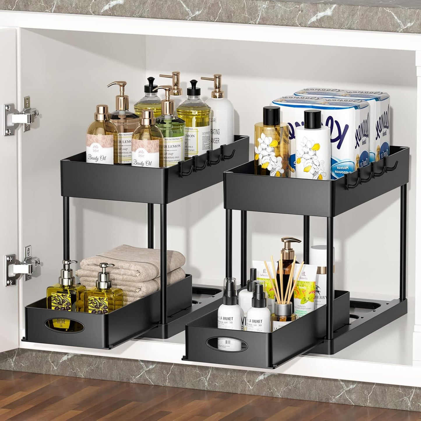 PUILUO 2 Set Under Sink Cabinet Organizer, 2 Tier Storage Under Cabinet Bathroom Under Sink Organizers and Storage Black Under Sink Storage for Bathroom Kitchen