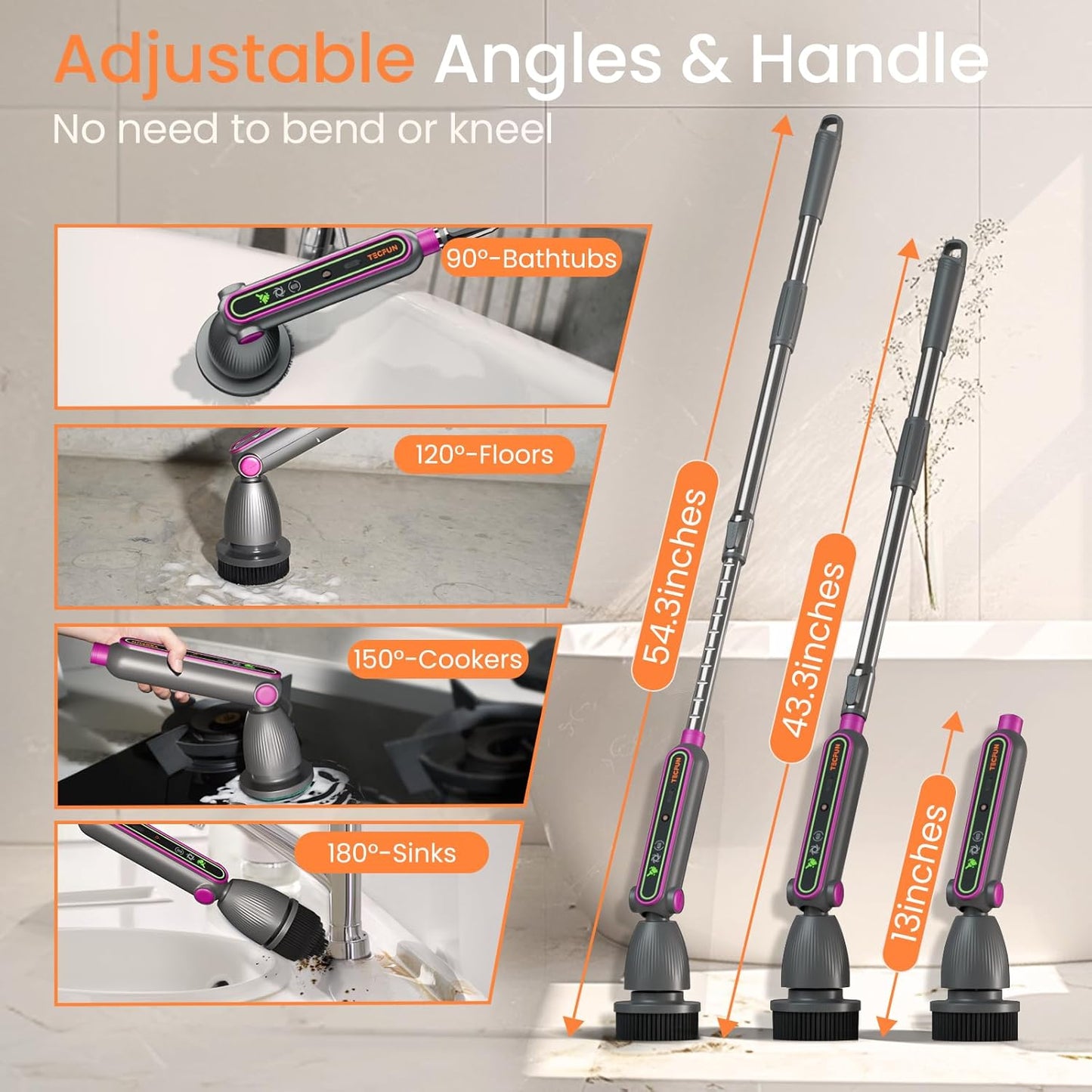 Electric Spin Scrubber 16 in 1 Cleaning Brush with Adjustable Angles & Heads, Bathroom Power Scrubber with Extendable Handle, Interactive LED, Cleaning Supplies for Toilet,Kitchen,Shower-Grey