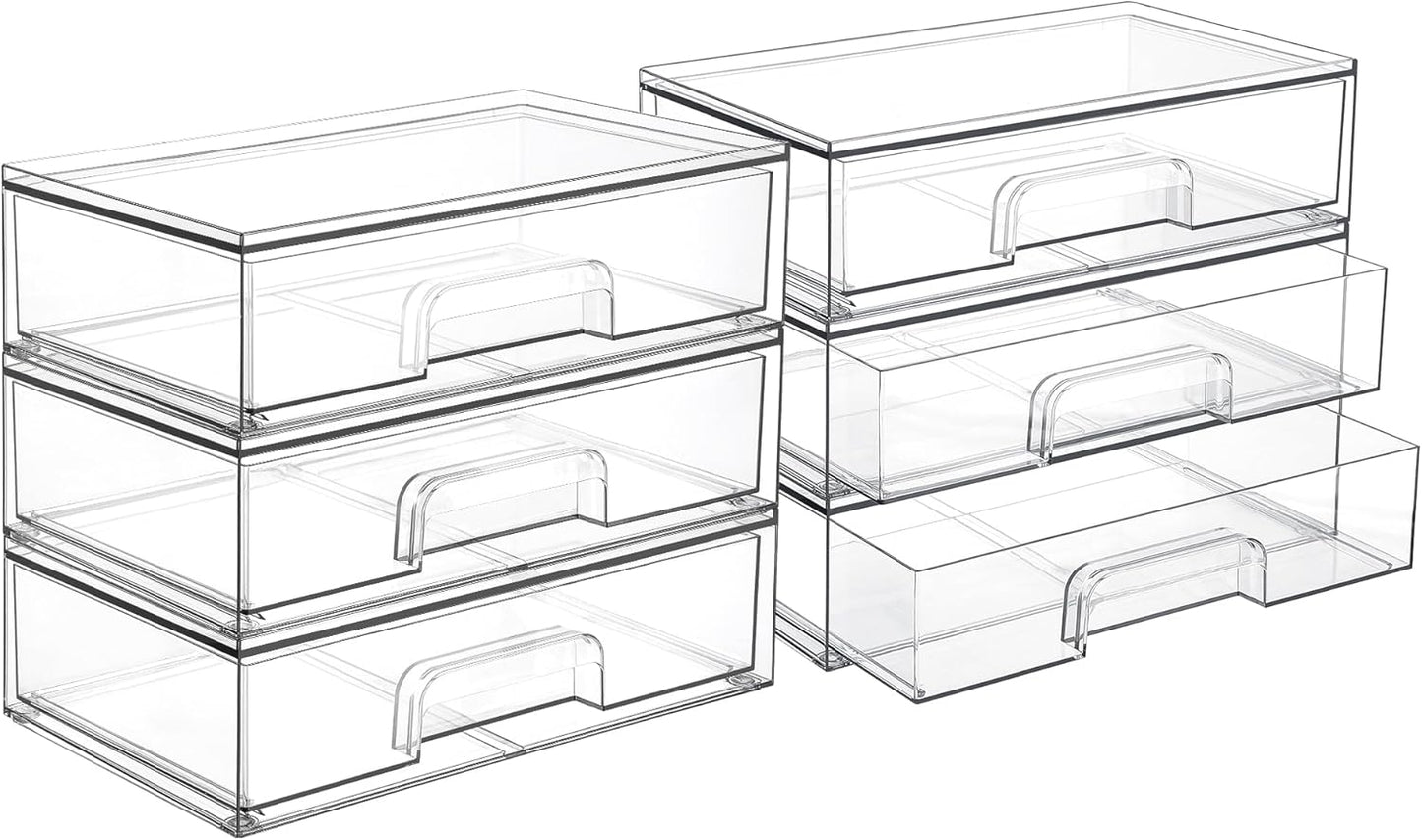 Vtopmart 7.6" H Clear Stackable Storage Drawers, 2 Pack Plastic Organizers Bins for Skincare, Cosmetics,Beauty Supplies,Ideal for Vanity, Bathroom,Kitchen Countertop,Cabinet Organization