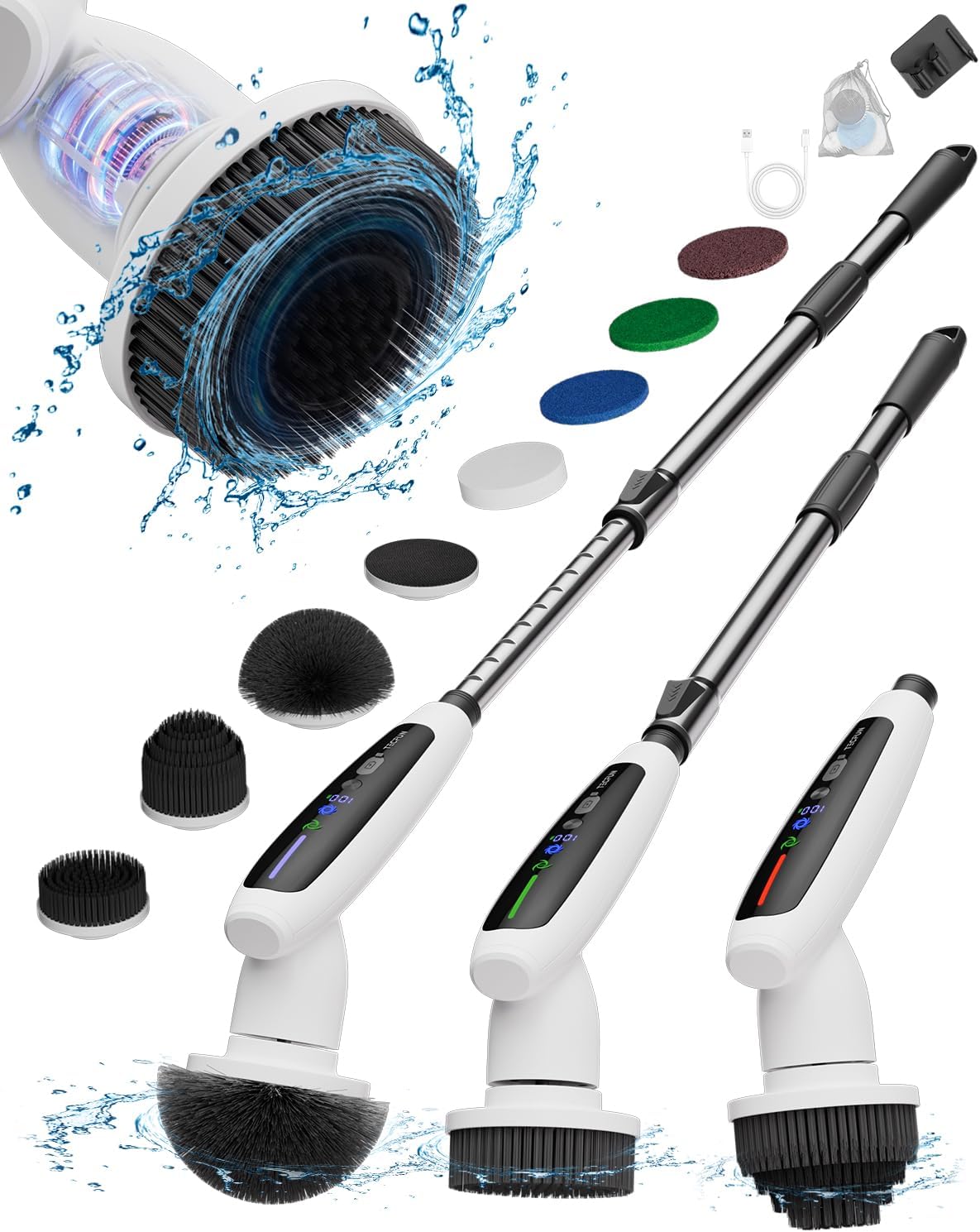 Electric Spin Scrubber 16 in 1 Cleaning Brush with Adjustable Angles & Heads, Bathroom Power Scrubber with Extendable Handle, Interactive LED, Cleaning Supplies for Toilet,Kitchen,Shower-Grey