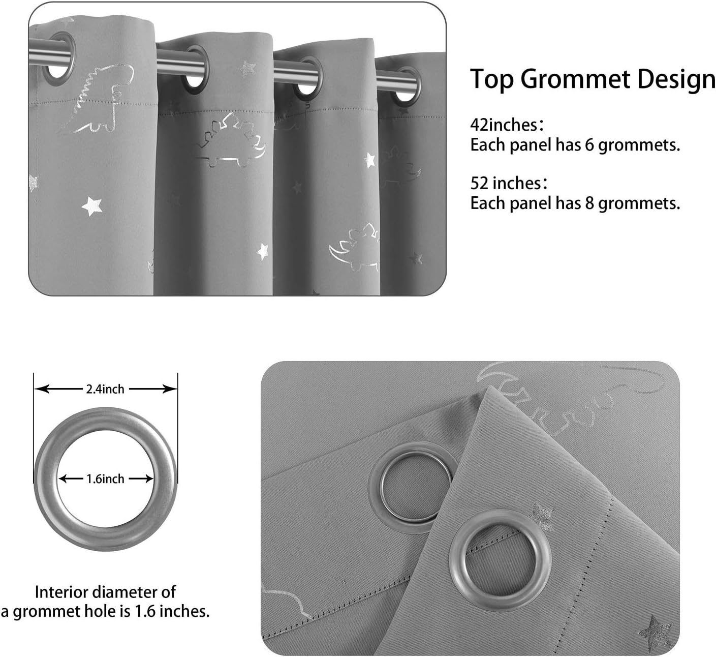 LORDTEX Dinosaur and Star Foil Print Blackout Curtains for Kids Room - Thermal Insulated Curtains Noise Reducing Window Drapes for Boys and Girls Bedroom, 42 x 84 Inch, Light Grey, Set of 2 Panels
