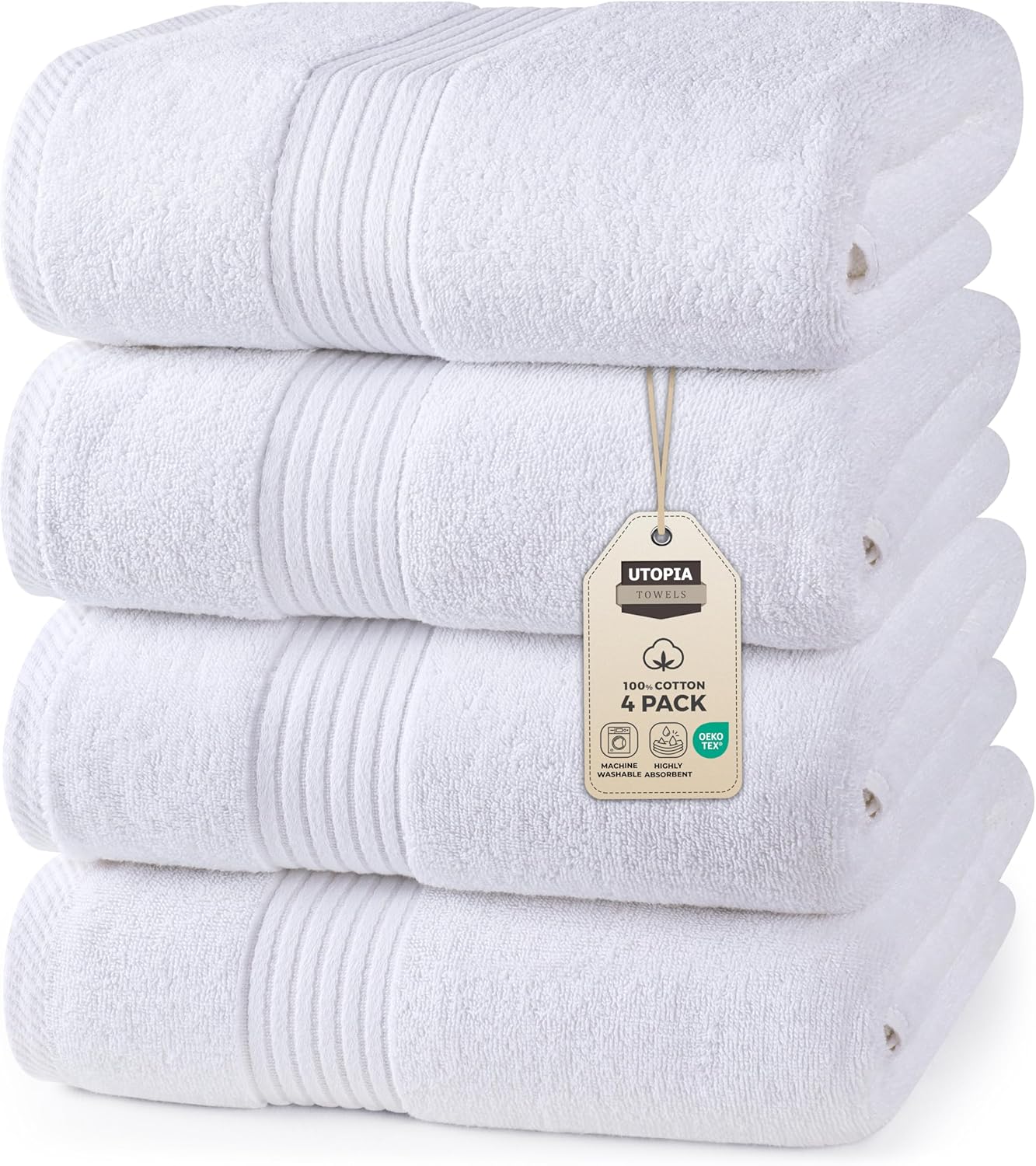 Utopia Towels 4 Pack Bath Towels Set, 27 by 54 Inches, 100% Ring Spun Cotton, Quick Dry, Highly Absorbent, Soft Feel Towels, Perfect for Daily Use, White
