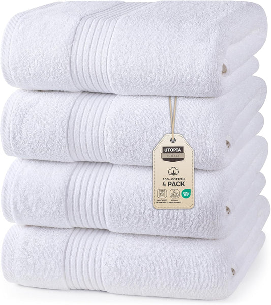 Utopia Towels 4 Pack Bath Towels Set, 27 by 54 Inches, 100% Ring Spun Cotton, Quick Dry, Highly Absorbent, Soft Feel Towels, Perfect for Daily Use, White