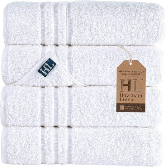 Hawmam Linen White Bath Towels 4 Pack 27 x 54 Inches 100% Turkish Cotton Soft Lightweight and Highly Absorbent Quick Drying Towels, Premium Quality Perfect for Daily Use