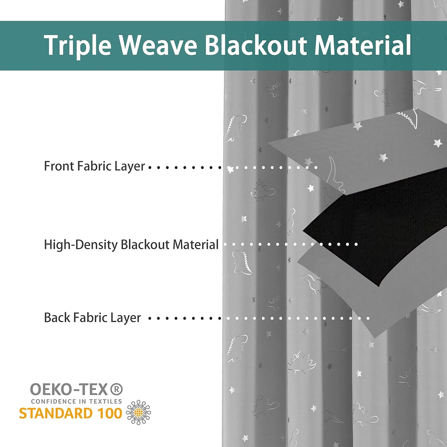 LORDTEX Dinosaur and Star Foil Print Blackout Curtains for Kids Room - Thermal Insulated Curtains Noise Reducing Window Drapes for Boys and Girls Bedroom, 42 x 84 Inch, Light Grey, Set of 2 Panels