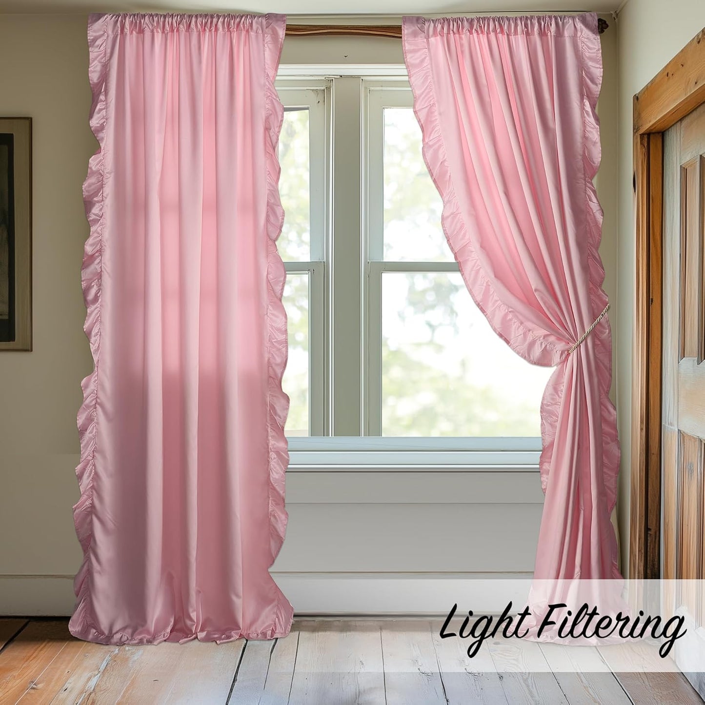 StangH Kids Curtains for Bedroom, French Romantic Style Ruffled Blush Curtains Soft Smooth Faux Silk Window Curtain Drapes for Girls/Nursery Decor/Dressing Room, Blush Pink, W52 x L95, 2 Panels