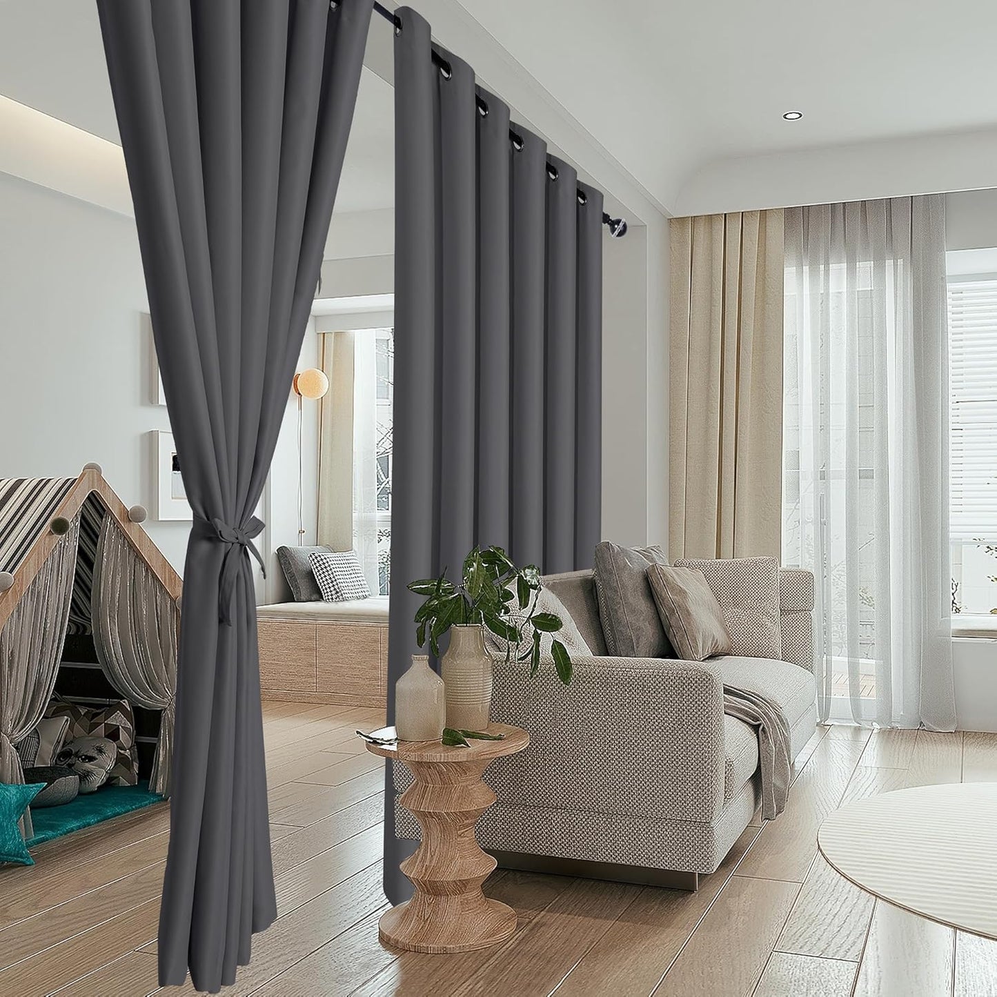 Hiasan Room Divider Blackout Curtains,Extra Wide 100 x 84 Inches Energy Smart&Noise Reducing Grommet Thermal Insulated Curtain for Patio Door,Any Room Partition,1 Panel Sewn with Tiebacks,Dark Grey