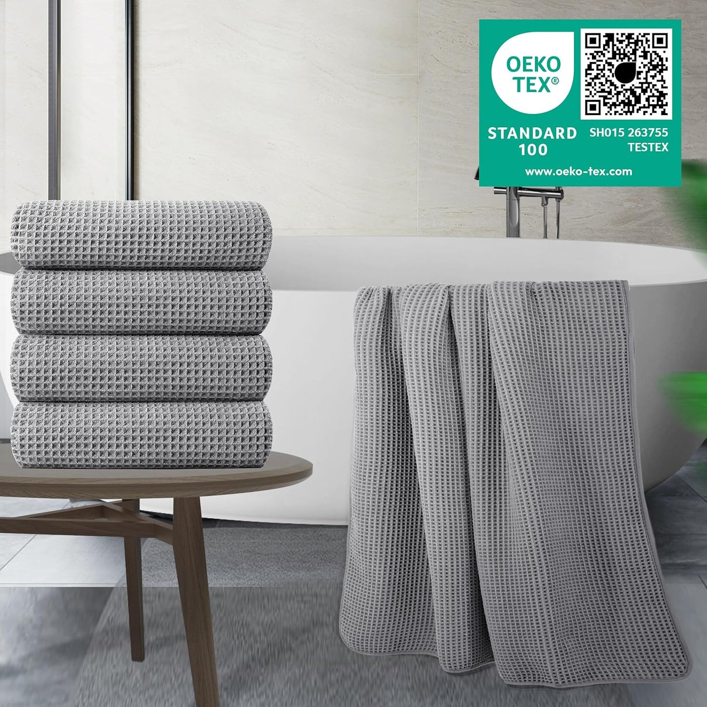 POLYTE Microfiber Oversize Quick Dry Lint Free Bath Towel, 60 x 30 in, 4 Pack (Gray, Waffle Weave)