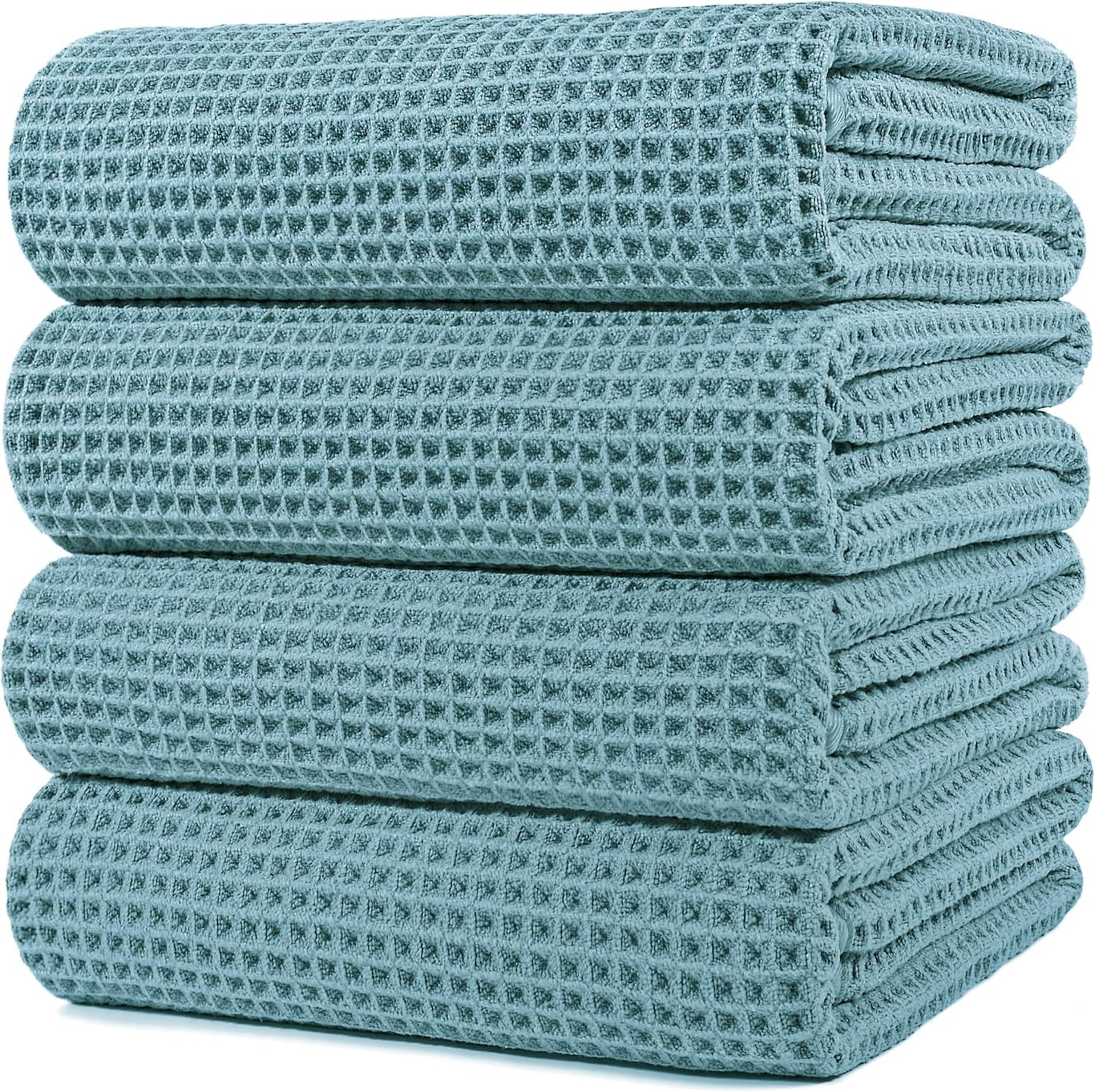 POLYTE Microfiber Oversize Quick Dry Lint Free Bath Towel, 60 x 30 in, 4 Pack (Gray, Waffle Weave)