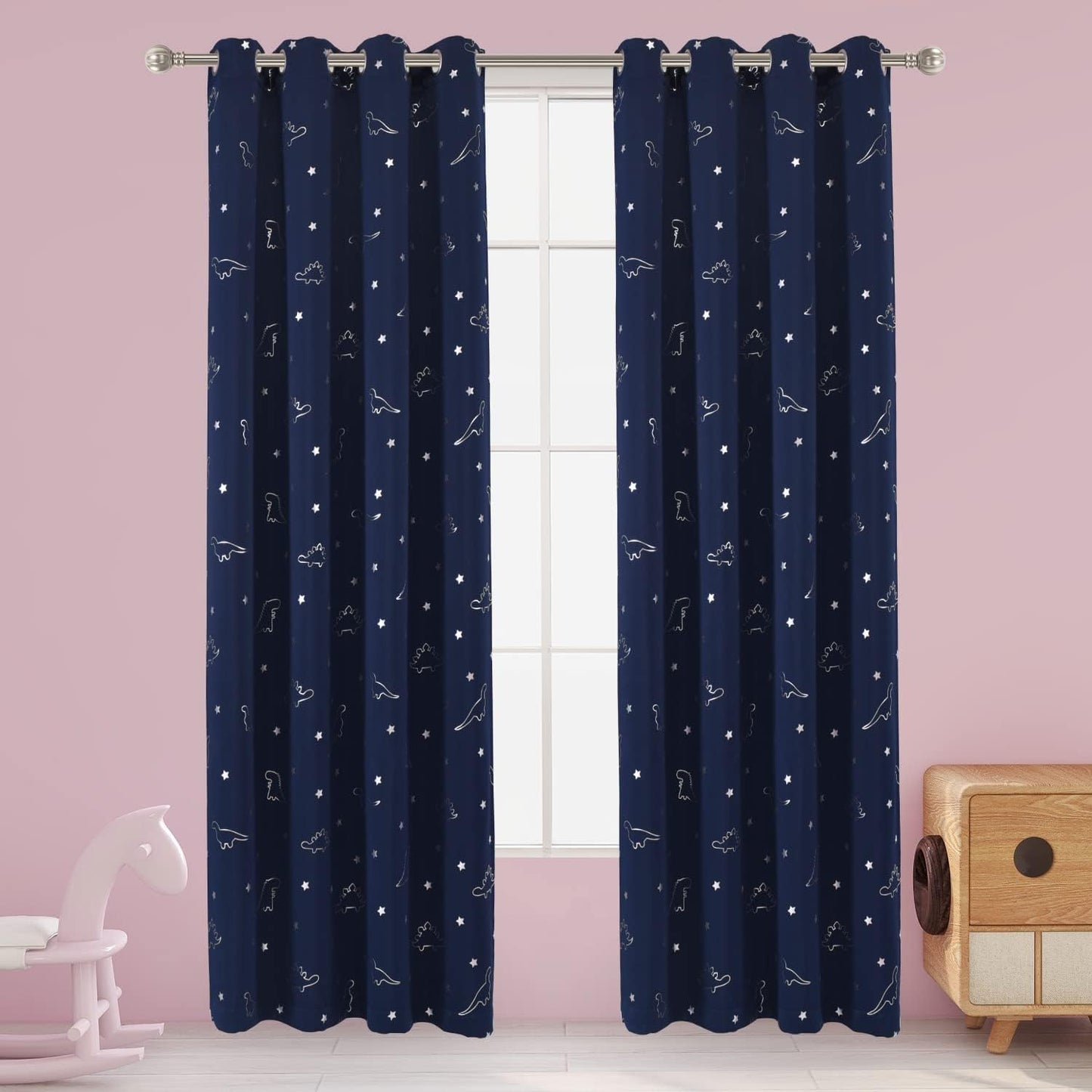 LORDTEX Dinosaur and Star Foil Print Blackout Curtains for Kids Room - Thermal Insulated Curtains Noise Reducing Window Drapes for Boys and Girls Bedroom, 42 x 84 Inch, Light Grey, Set of 2 Panels