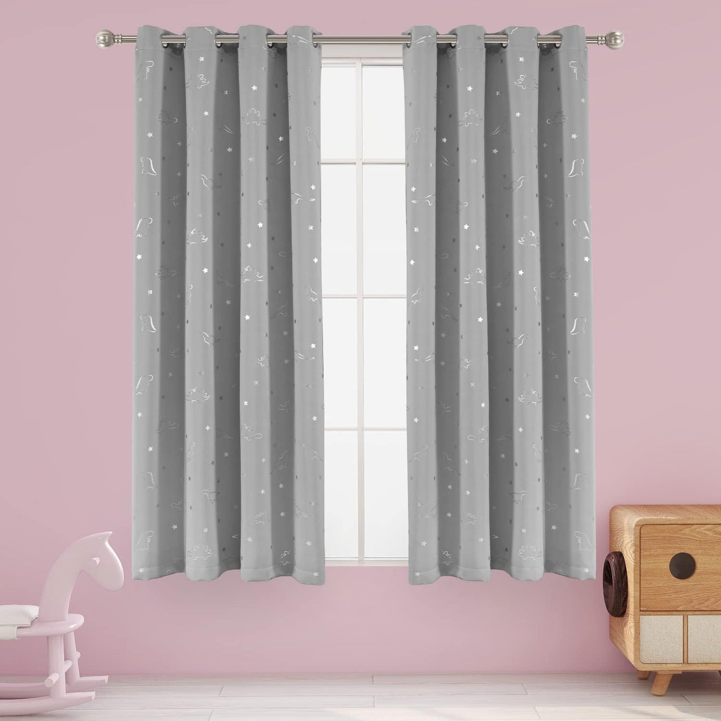 LORDTEX Dinosaur and Star Foil Print Blackout Curtains for Kids Room - Thermal Insulated Curtains Noise Reducing Window Drapes for Boys and Girls Bedroom, 42 x 84 Inch, Light Grey, Set of 2 Panels