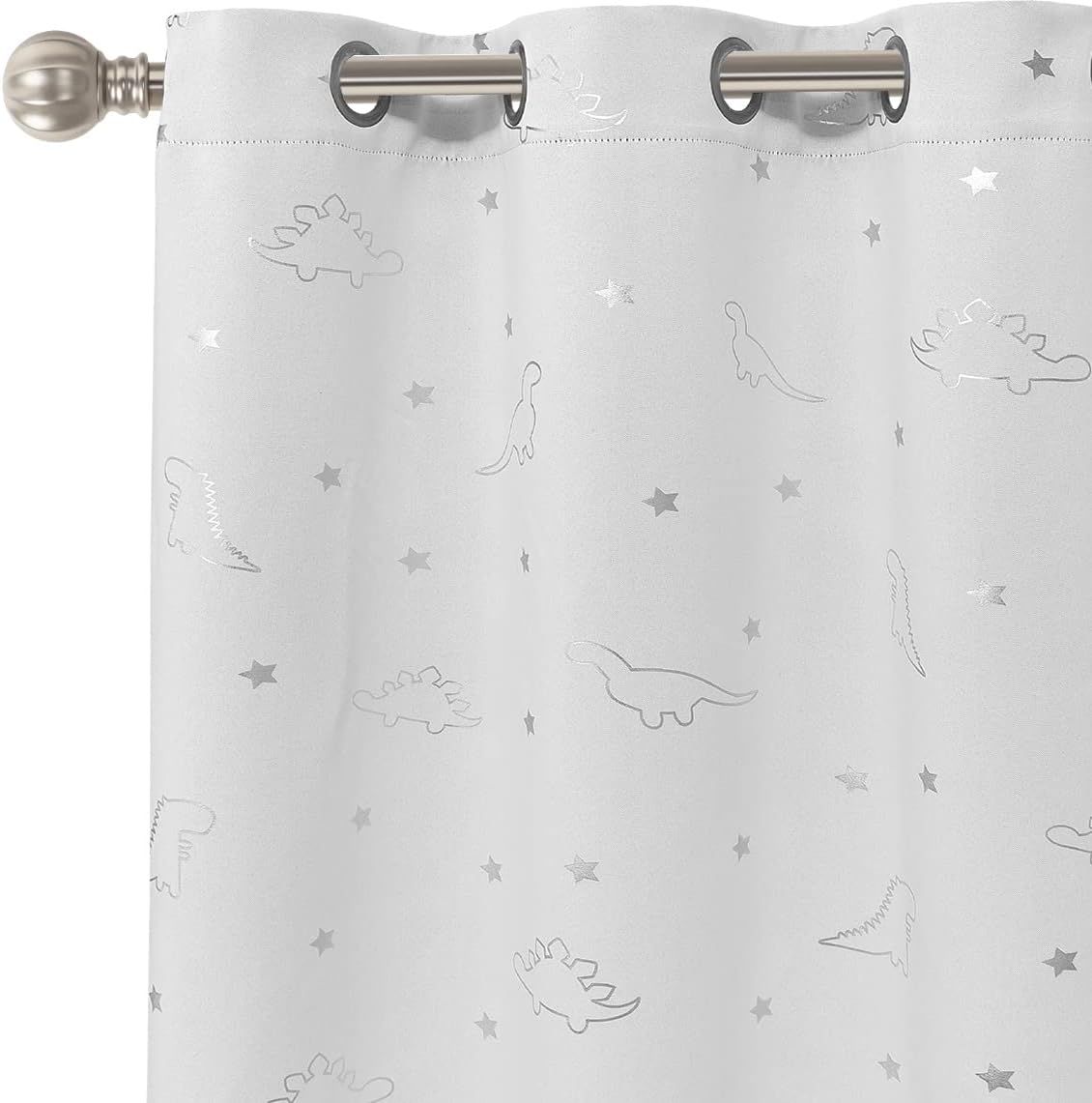LORDTEX Dinosaur and Star Foil Print Blackout Curtains for Kids Room - Thermal Insulated Curtains Noise Reducing Window Drapes for Boys and Girls Bedroom, 42 x 84 Inch, Light Grey, Set of 2 Panels