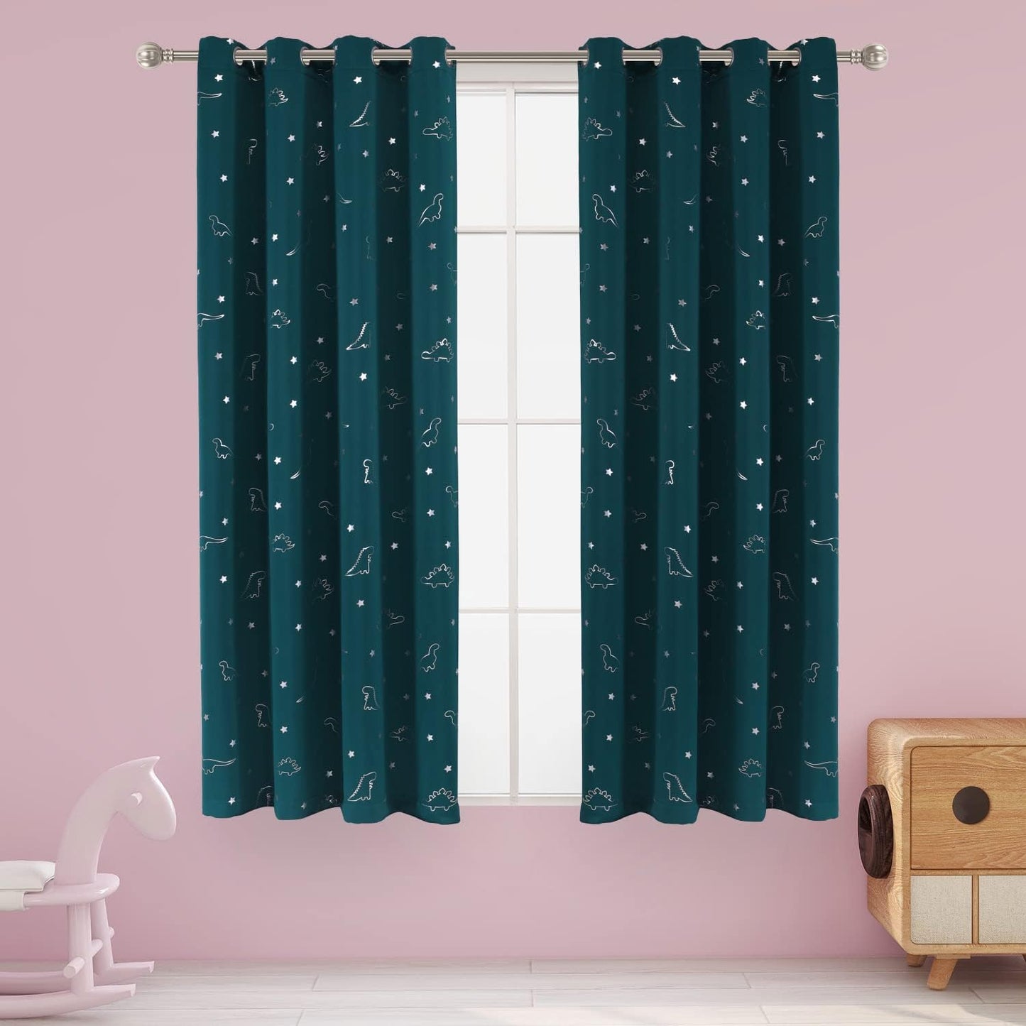 LORDTEX Dinosaur and Star Foil Print Blackout Curtains for Kids Room - Thermal Insulated Curtains Noise Reducing Window Drapes for Boys and Girls Bedroom, 42 x 84 Inch, Light Grey, Set of 2 Panels