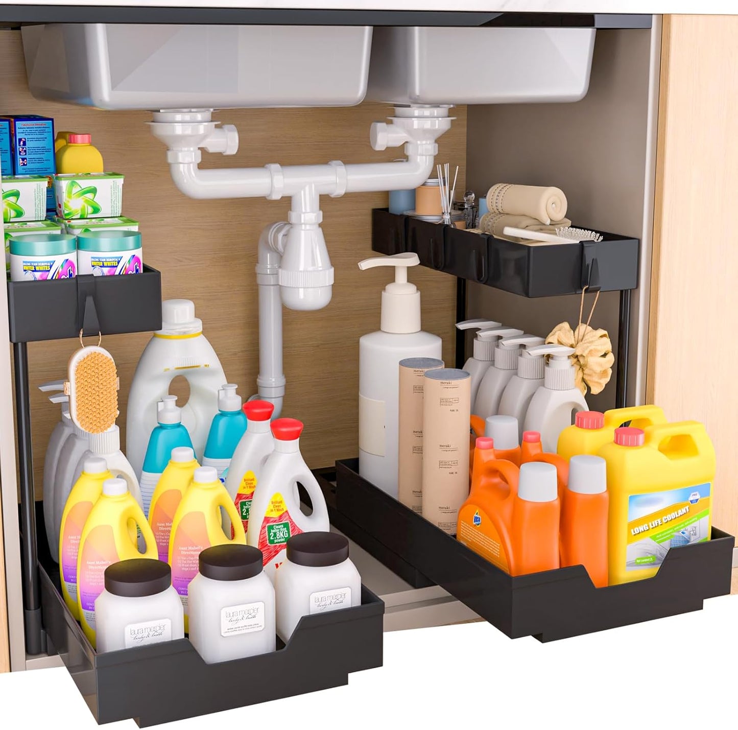 2-Tier Under Sink Organizers 2 Pack Sliding L-shape Cabinet Organizers Narrow Space Storage Shelves Multi-purpose Sink Organizer Baskets with 4 Hook for Kitchen Bathroom Drawer, Black