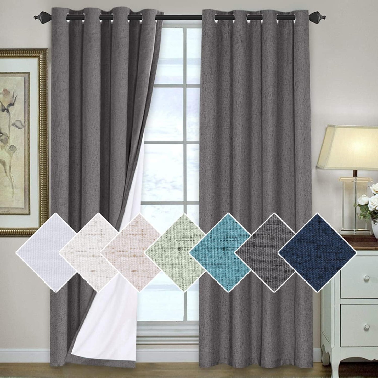 H.VERSAILTEX 100% Blackout Curtains for Bedroom 84 Inches Long Grommet Linen Face Full Light Blocking Curtain Drapes for Living Room Thermal Linen Look Curtains 2 Panels Set, 52" W x 84" L, Grey