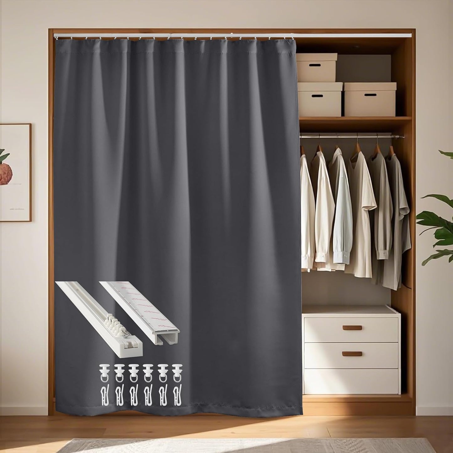 RYB HOME Closet Curtain, Ceiling Track Room Divider Curtain Kit, Blackout Privacy Room Partition for Bedroom/Laundry/Basement/Patio Door, W 60 x L 84, Grey, 1 Panel