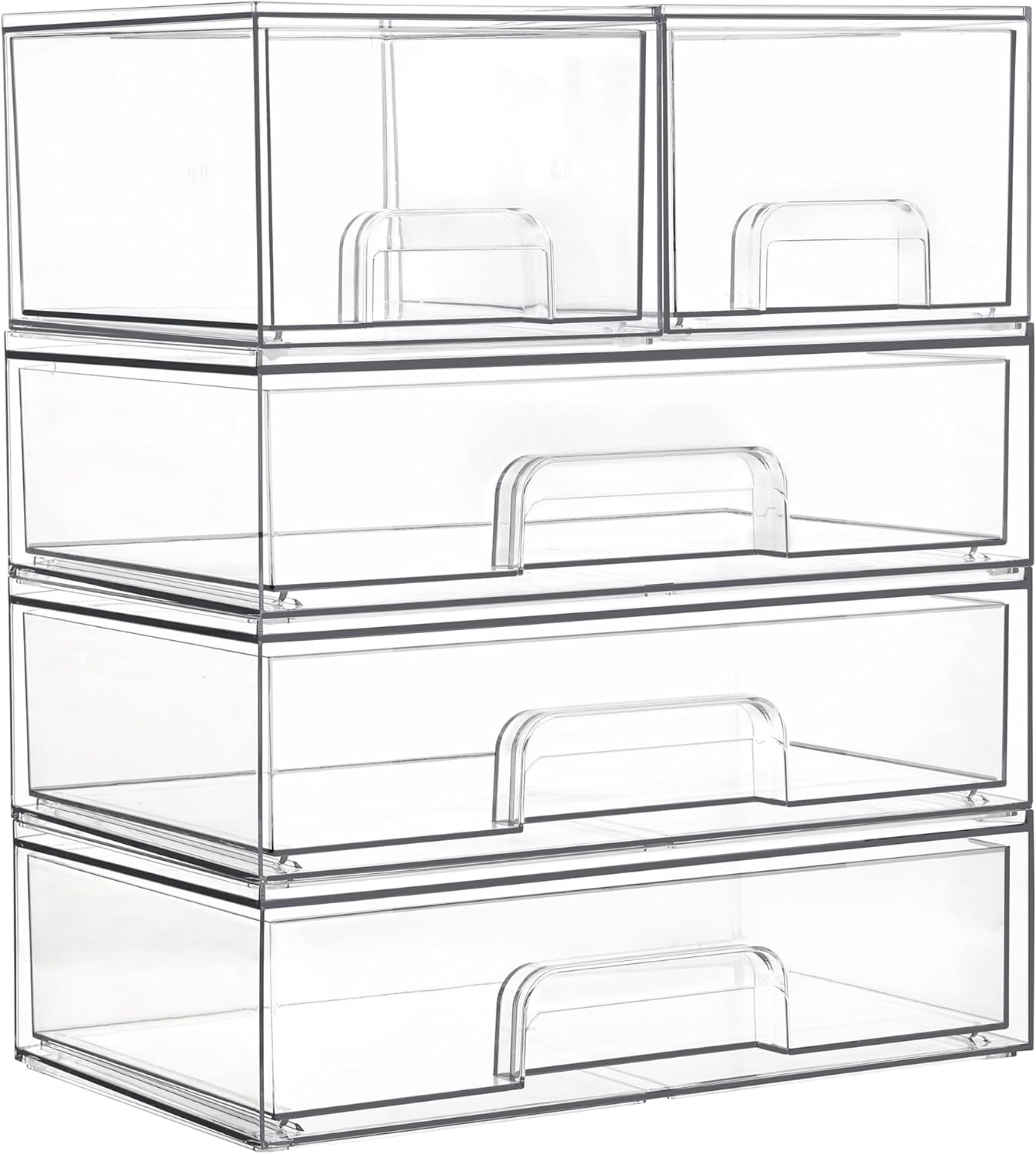 Vtopmart Stackable Storage Drawers Set of 5, Clear Plastic Organizer Bins for Bathroom Supplies,Ideal for Cabinet,Pantry,Laundry Room Organization(2 Small+3 Wide)
