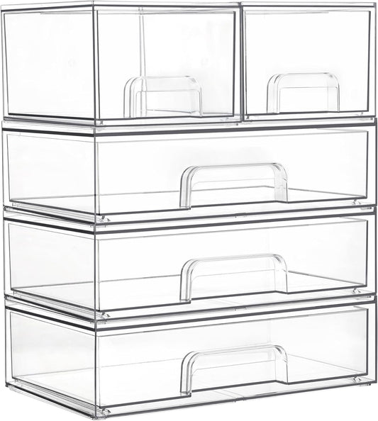 Vtopmart Stackable Storage Drawers Set of 5, Clear Plastic Organizer Bins for Bathroom Supplies,Ideal for Cabinet,Pantry,Laundry Room Organization(2 Small+3 Wide)