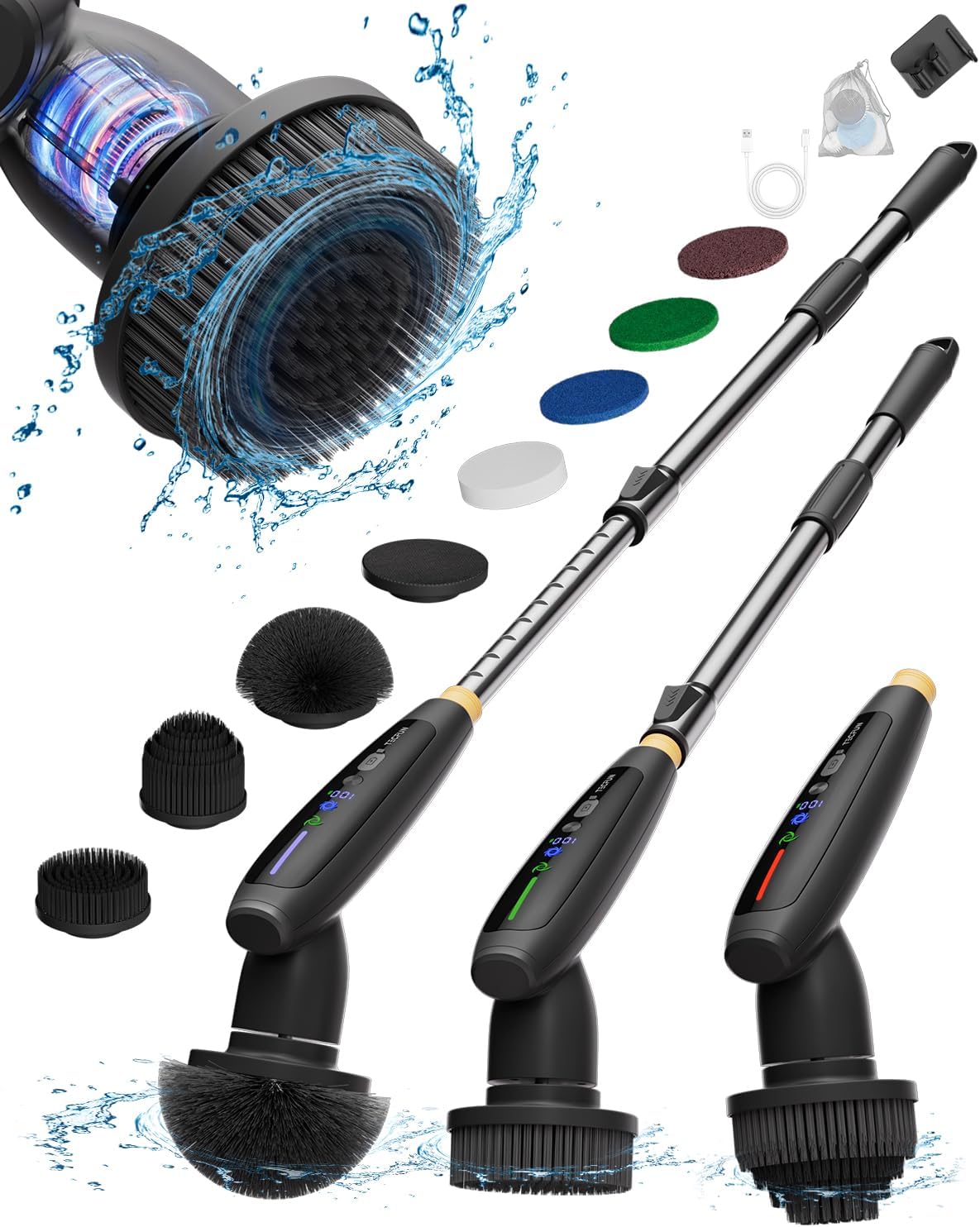 Electric Spin Scrubber 16 in 1 Cleaning Brush with Adjustable Angles & Heads, Bathroom Power Scrubber with Extendable Handle, Interactive LED, Cleaning Supplies for Toilet,Kitchen,Shower-Grey