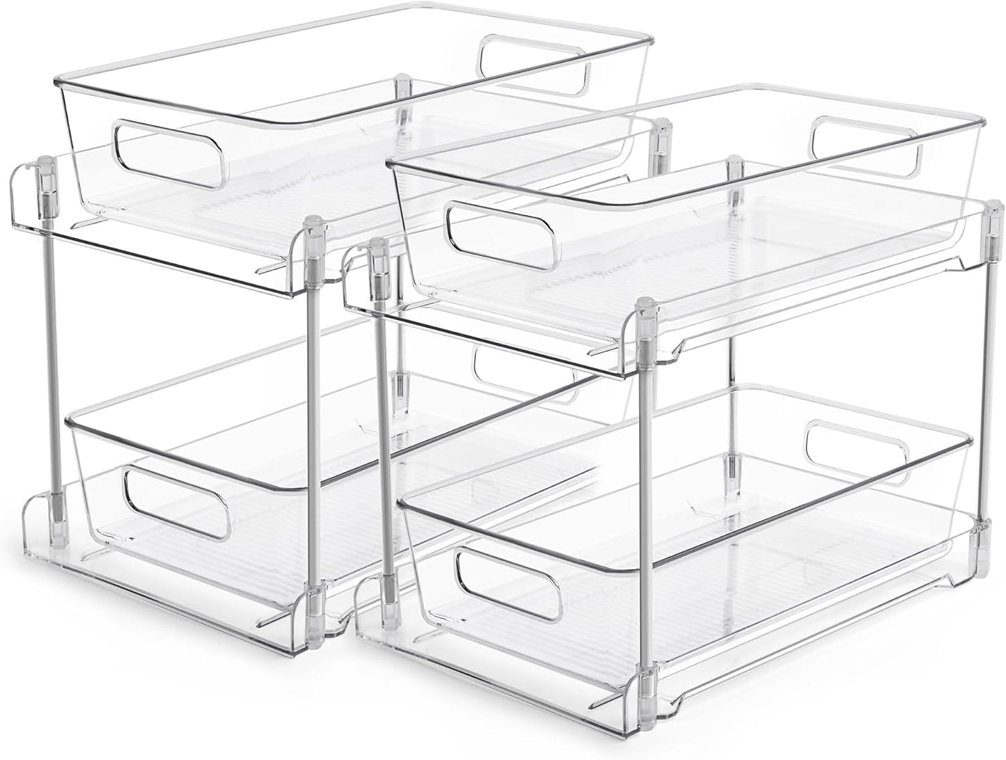 Vtopmart 4 Pack Bathroom Organizer, 2 Tier Clear Under Sink Organizers Vanity Countertop Storage Container,Cabinet Drawers Bins, Pull-Out Organization with Track for Pantry, Kitchen
