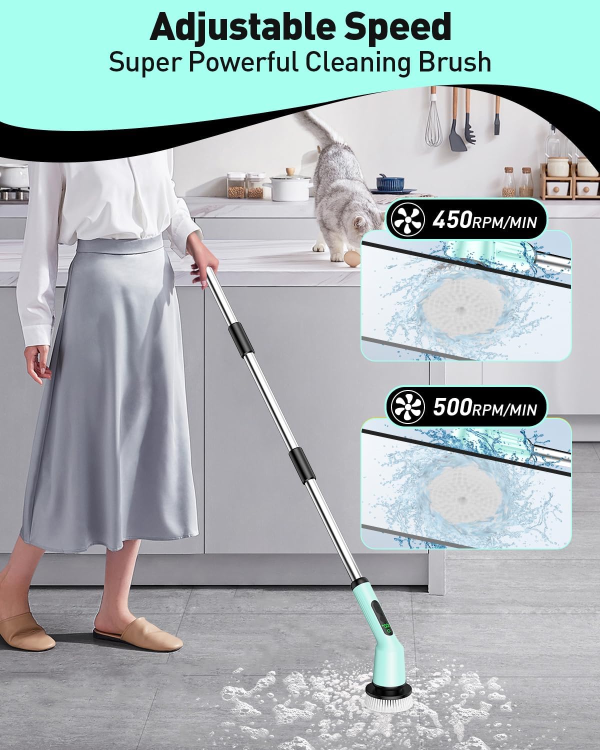 Electric Spin Scrubber for Cleaning Bathroom, Shower Scrubber Cordless Cleaning Brush with IPX7 Waterproof & 2 Speed, 3 Brush Heads, Bathroom Cleaning Supplies for Toilet Shower Tub Mint Green